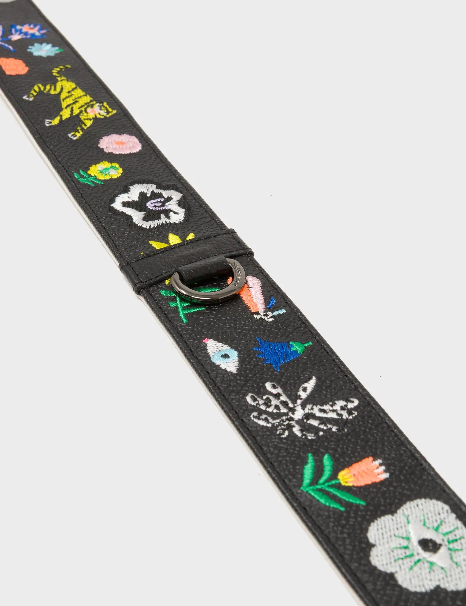 Detachable Black Leather Shoulder Strap - Floralia Embroidery  - Detail View