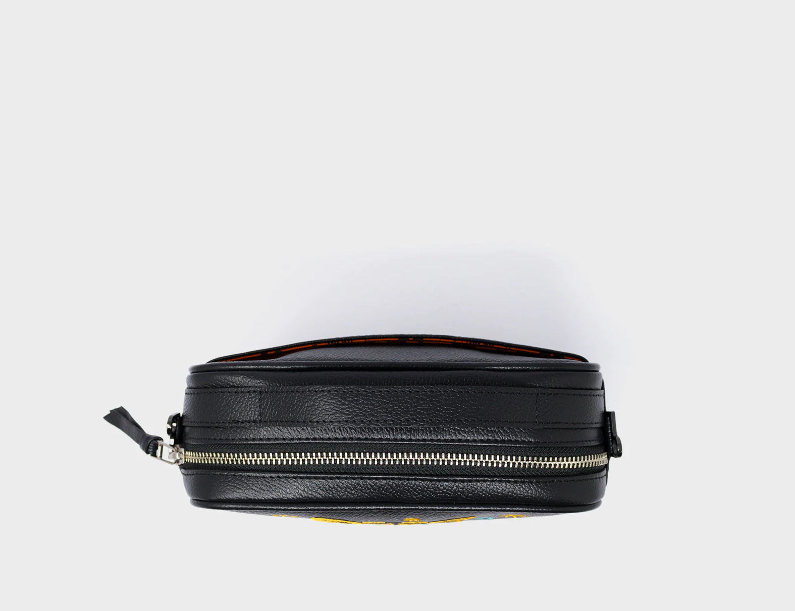 Verto Black Leather Crossbody Bag - Tiger and Flowers Embroidery - Top View