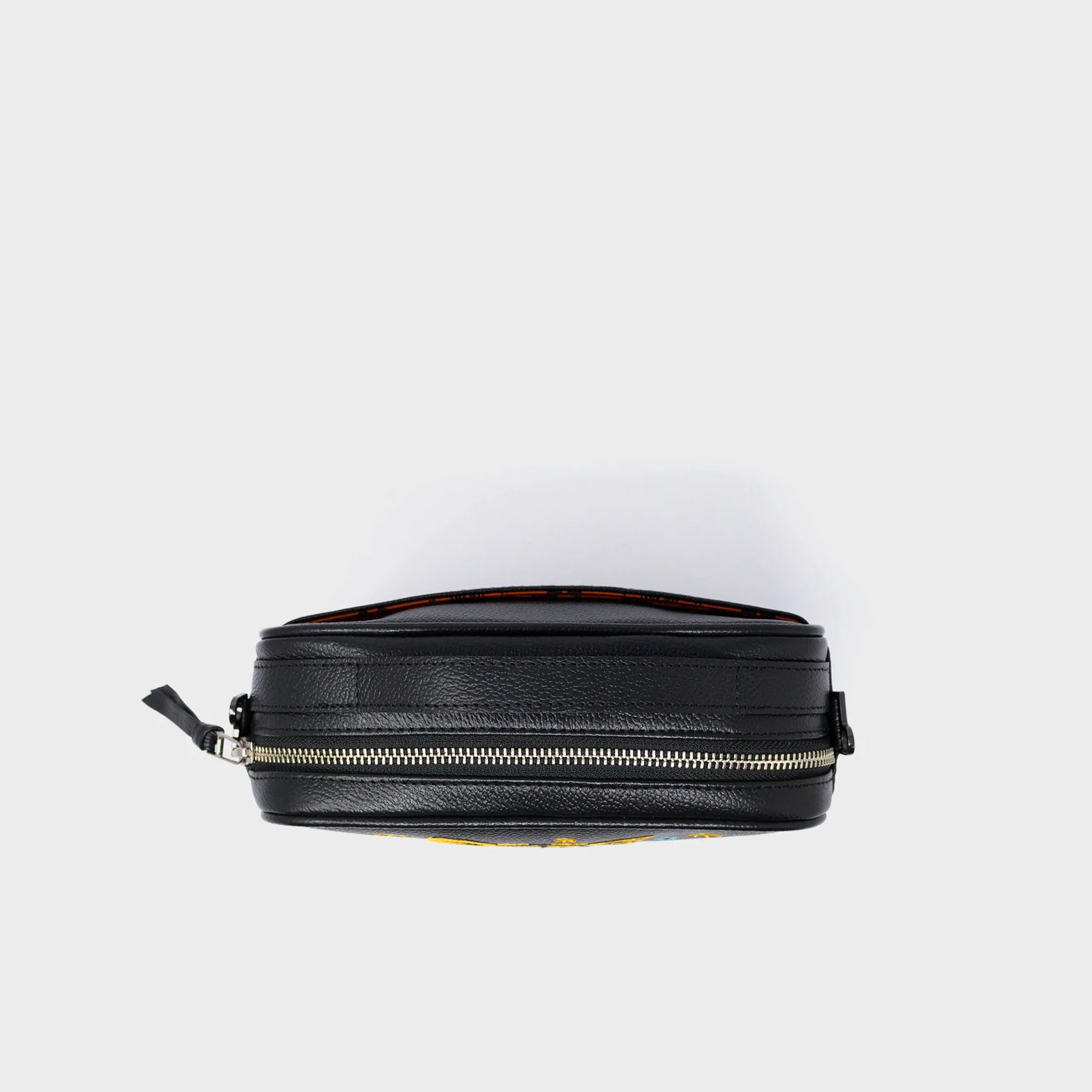 Verto Black Leather Crossbody Bag - Tiger and Flowers Embroidery - Top View