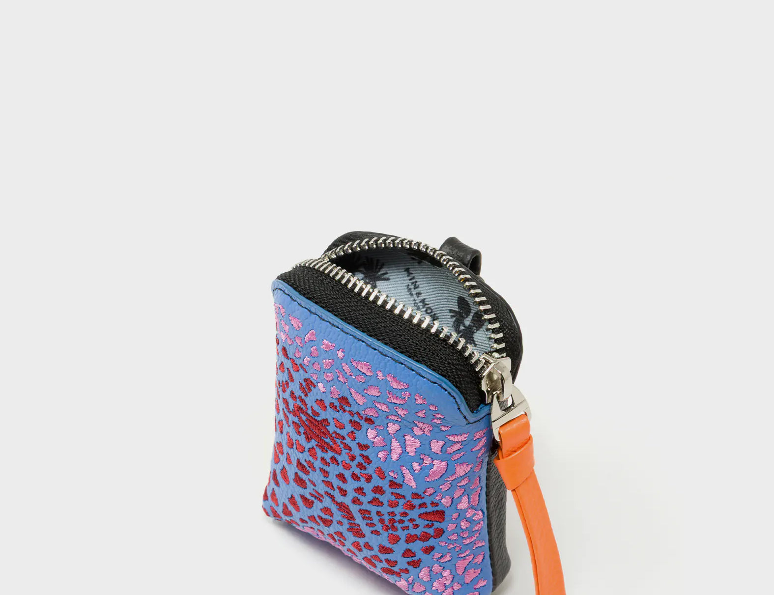 Florence Pouch Charm - Vista Blue Leather Keychain Retro Tiger Embroidery - Inside View