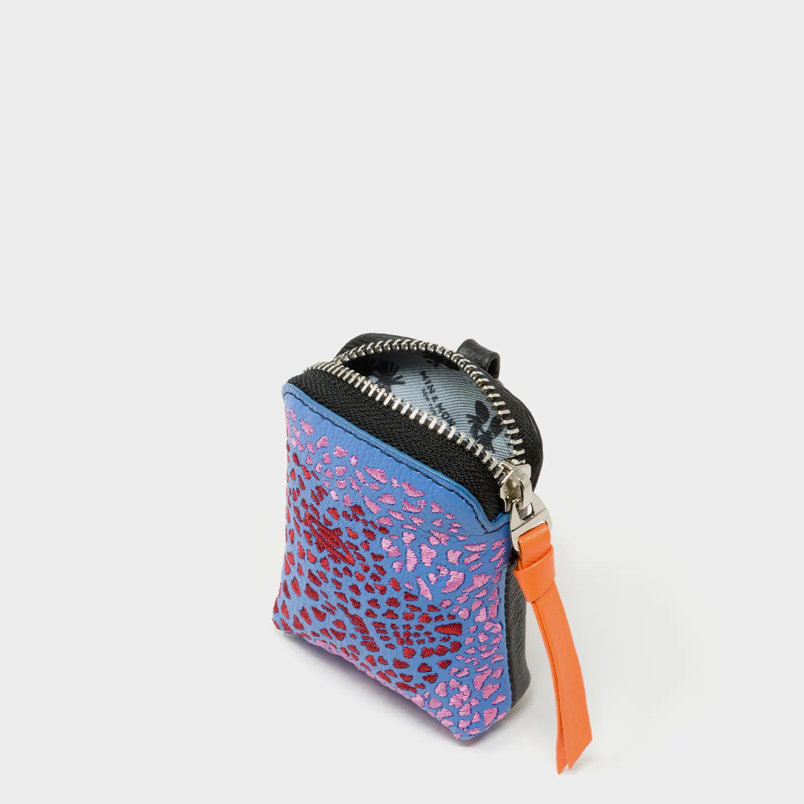 Florence Pouch Charm - Vista Blue Leather Keychain Retro Tiger Embroidery - Inside View