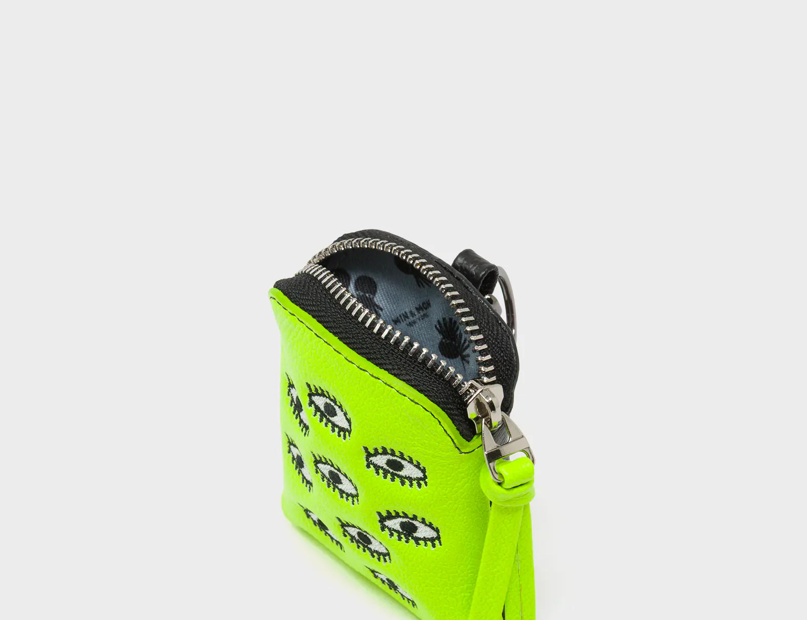 Florence Pouch Charm - Neon Lime Leather Keychain All Over Eyes Embroidery - Open view