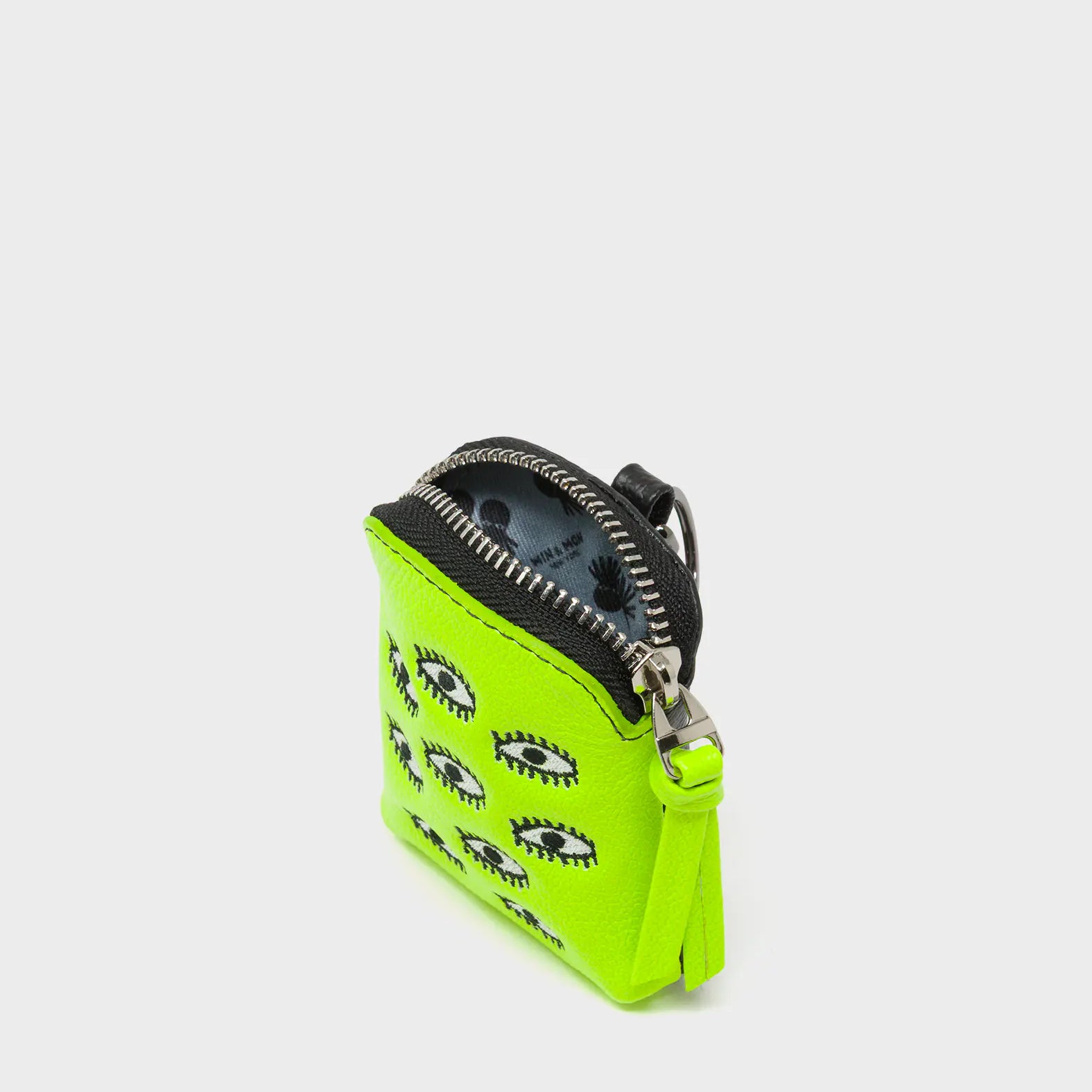 Florence Pouch Charm - Neon Lime Leather Keychain All Over Eyes Embroidery - Open view