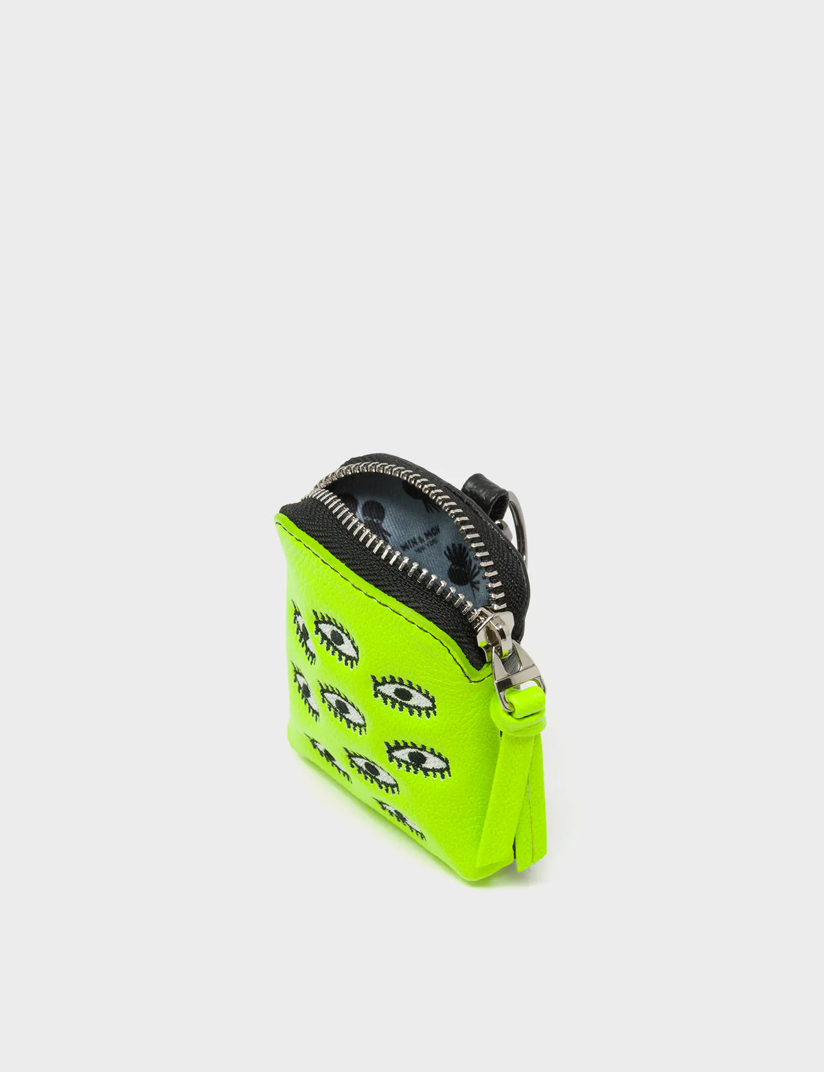 Florence Pouch Charm - Neon Lime Leather Keychain All Over Eyes Embroidery - Open view