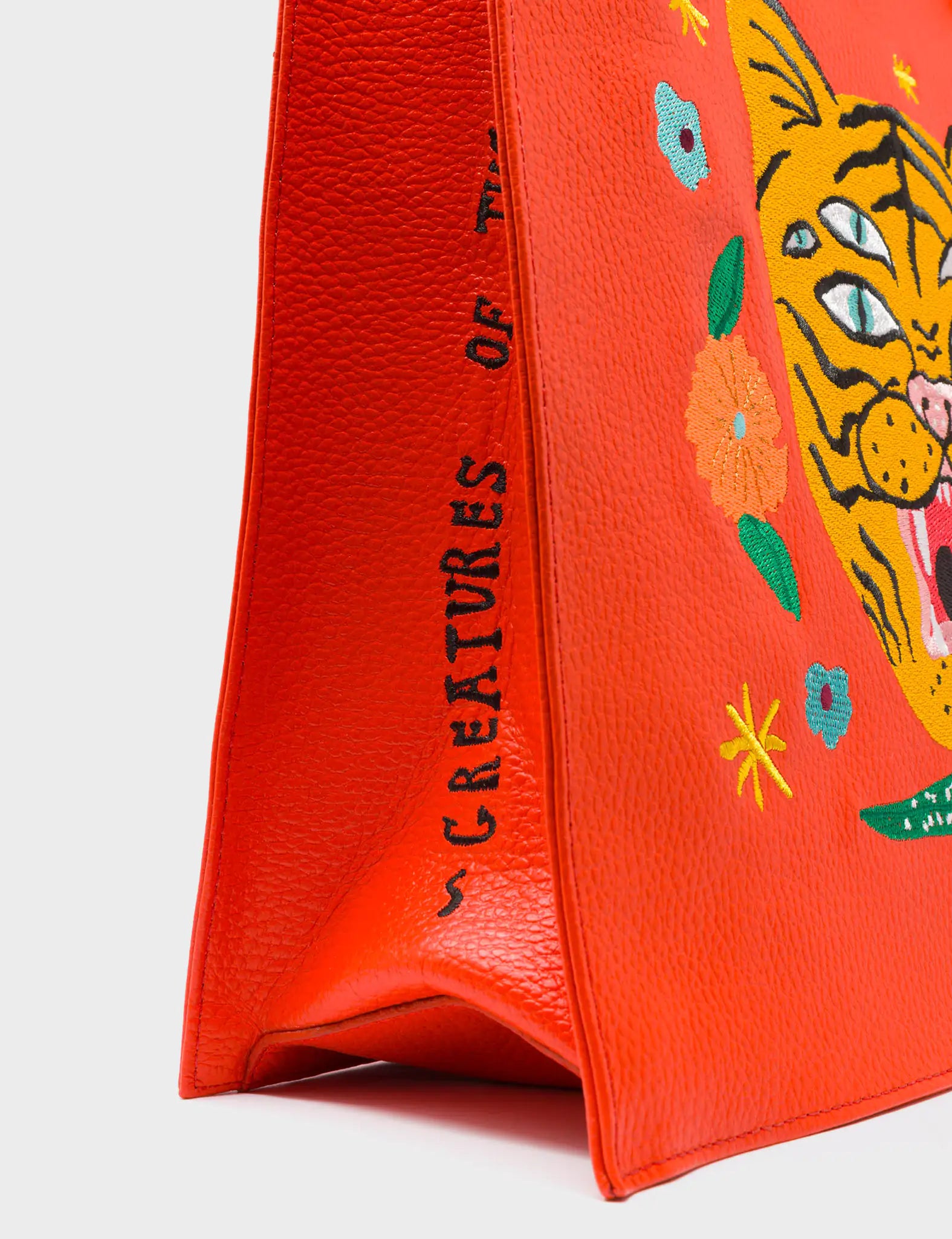 Marko Fiesta Red Leather Tote Bag - Tiger and Flowers Embroidery - Close Up View