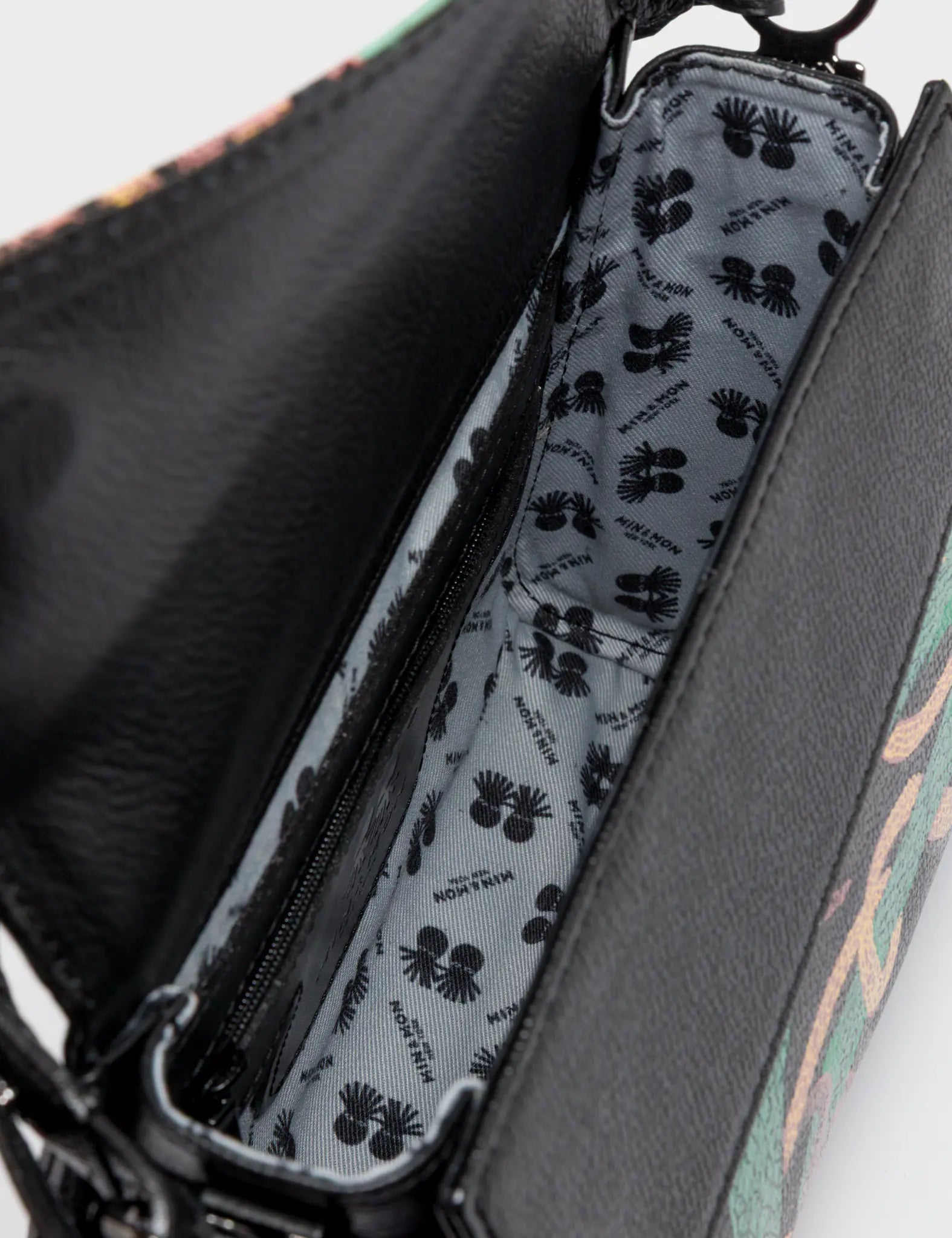 Anastasio Mini Crossbody Handbag Black Leather - Tiger and Snake Print - Open View