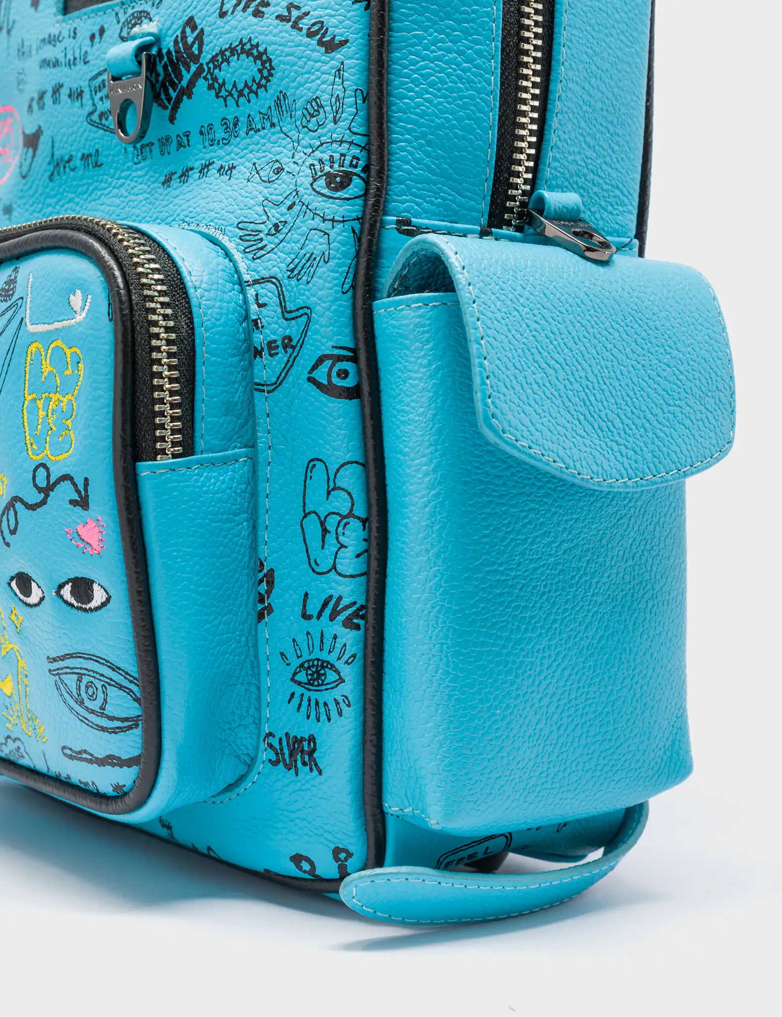 Vinyl Cyan Leather Small Backpack - Urban Doodles Print - Detail View