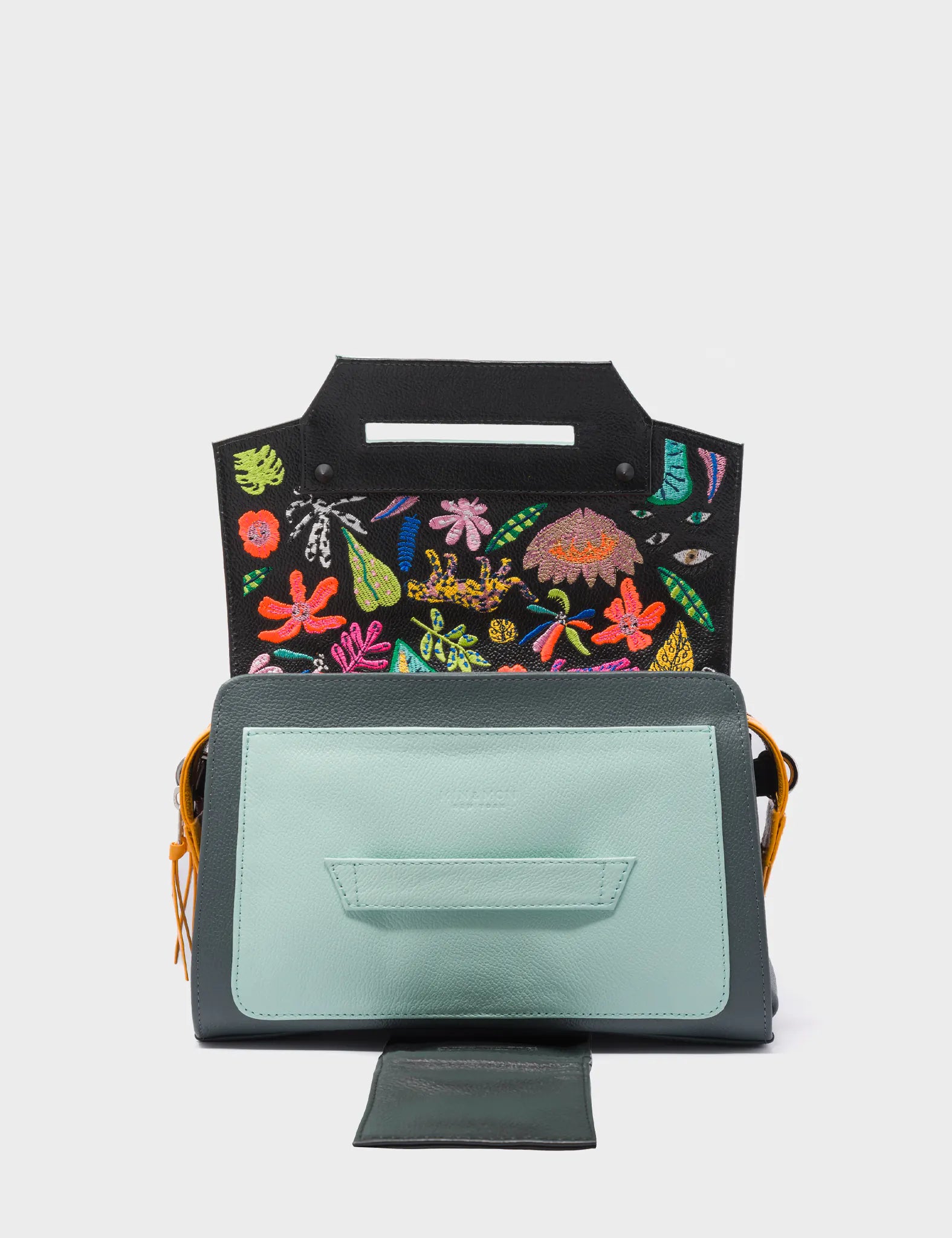 Cael Reversible Stormy Gray and Glacier Green Shoulder Bag - Tiger & Snake Design - Side A Open view