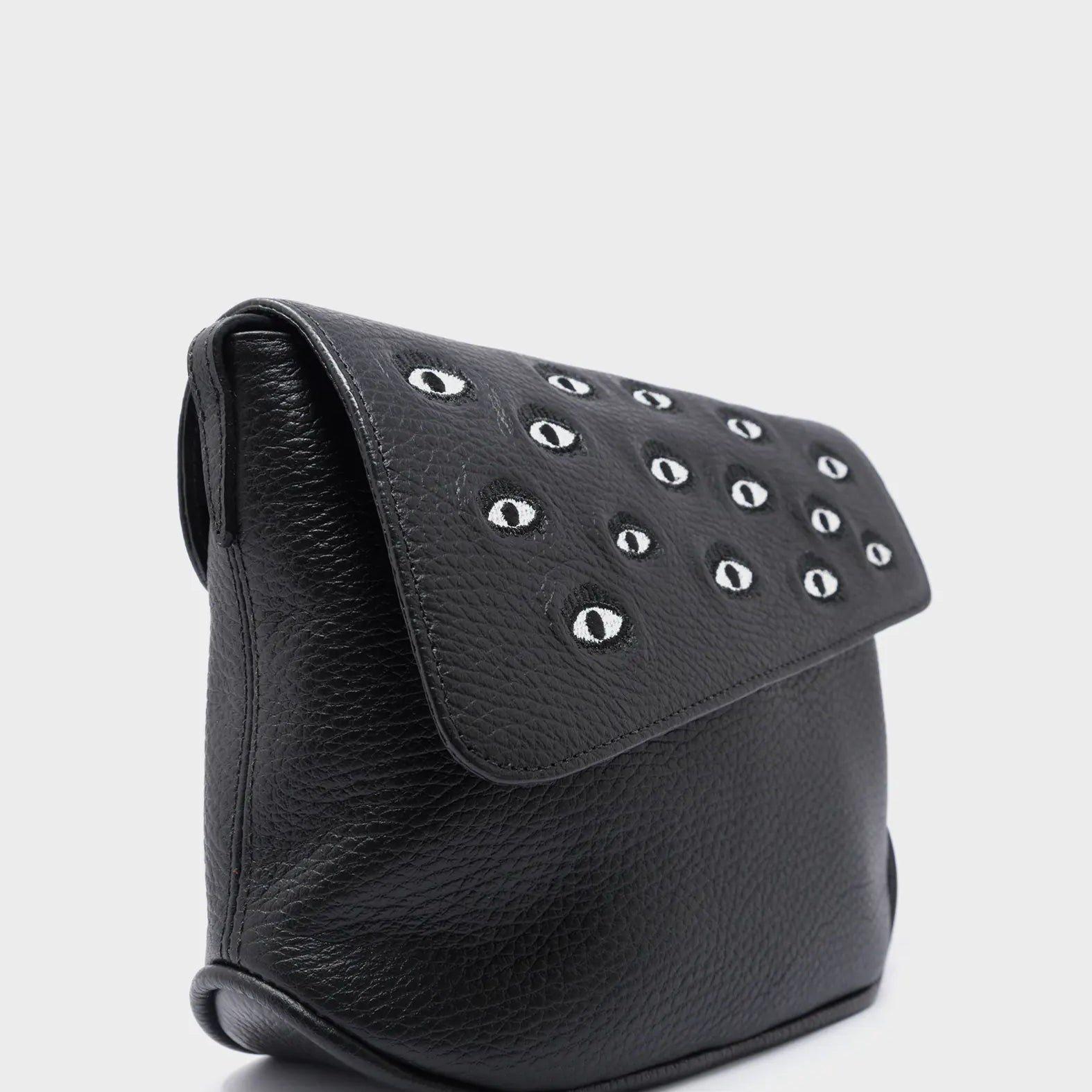 Bruno Mini Crossbody Black Leather Bag - All Over Eyes Embroidery - Side View