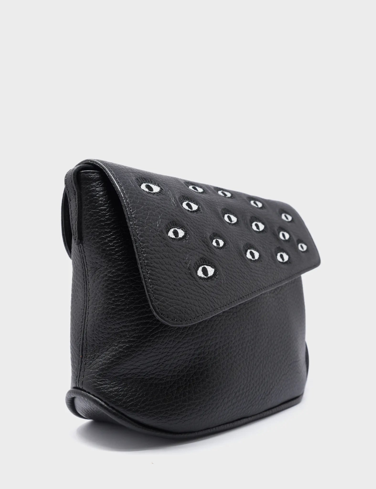 Bruno Mini Crossbody Black Leather Bag - All Over Eyes Embroidery - Side View