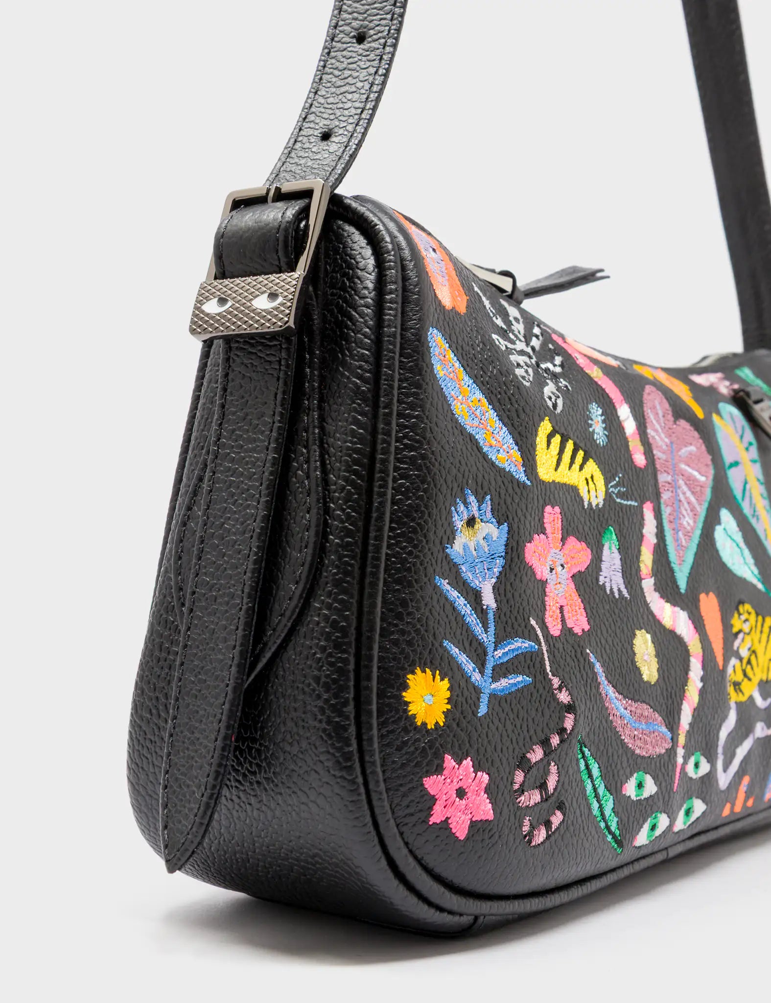 Lucas Hobo Mini Black Handbag - Autumn Blush Embroidery - Side Corner View