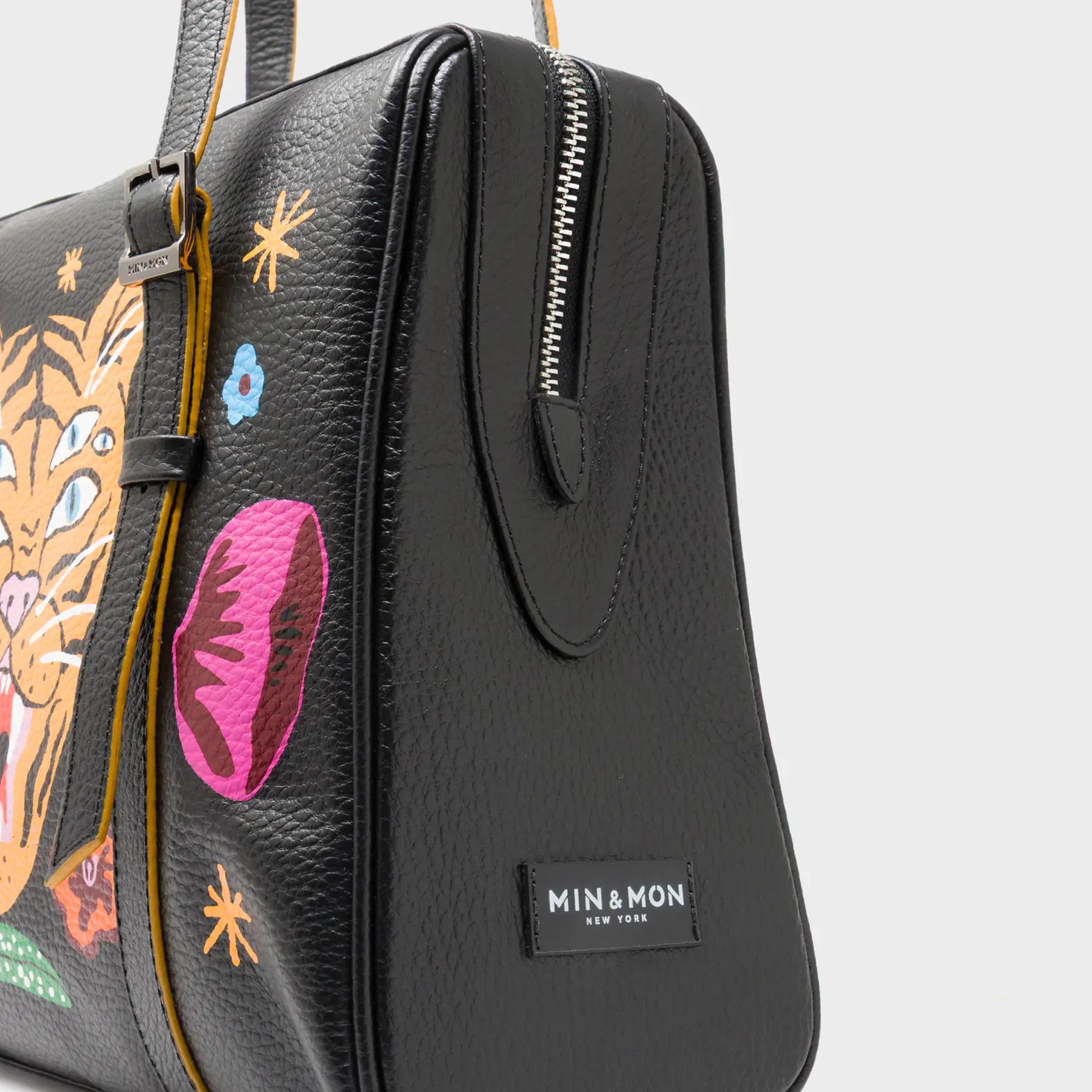 Esther Black Satchel Bag - Happy Tiger Print - Side