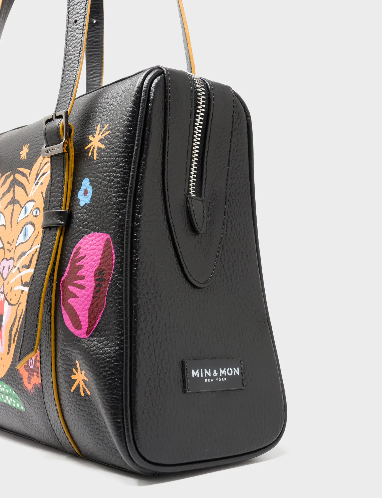 Esther Black Satchel Bag - Happy Tiger Print - Side