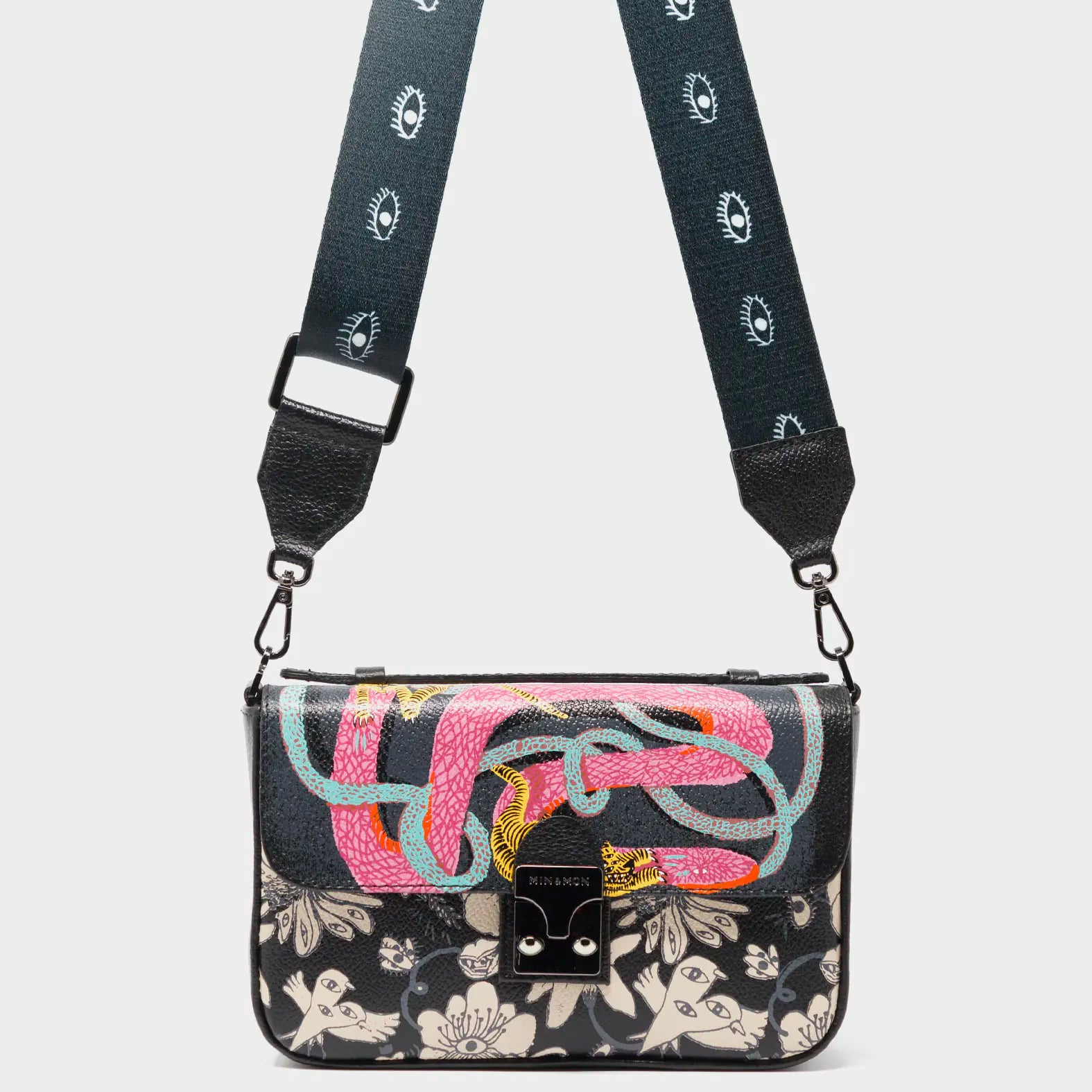 Amantis Black Leather Crossbody Mini Handbag - Tiger and Snake Design - Strap View