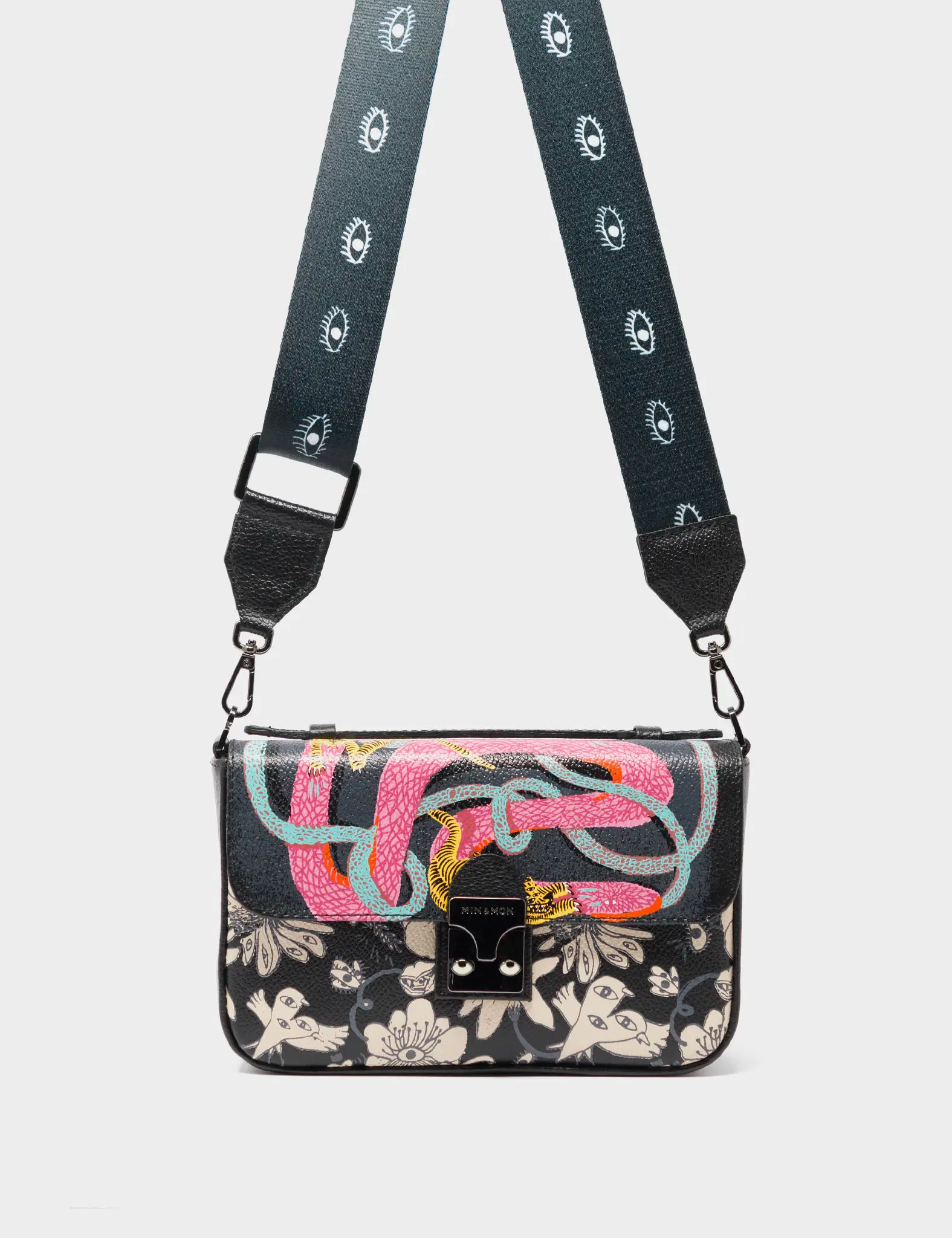 Amantis Black Leather Crossbody Mini Handbag - Tiger and Snake Design - Strap View