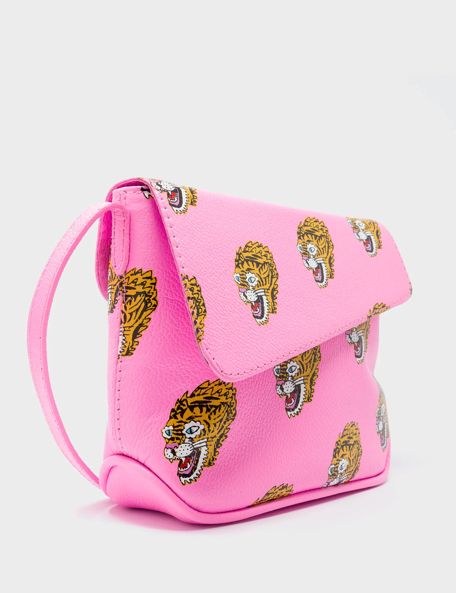 Bruno Mini Crossbody Bubblegum Pink Leather Bag - Blazing Tiger Print - Side View