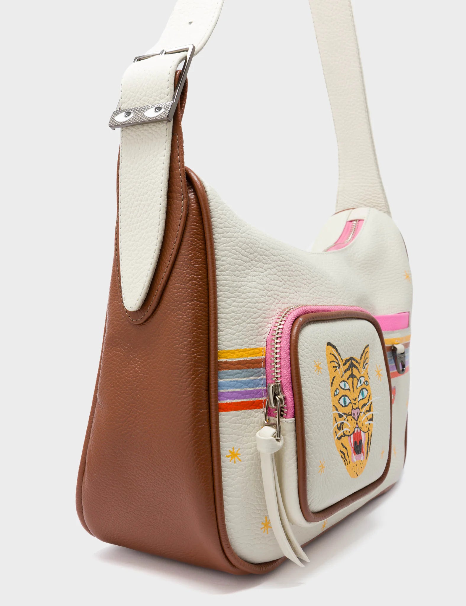 Ilan Cream Leather Hobo With Pocket - Happy Tiger Design - Side View