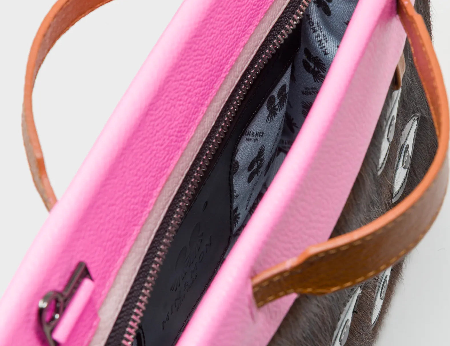 Vali Crossbody Small Bubblegum Pink And Neon Orange Leather Bag - Eyes Applique Adjustable Handle - Open View