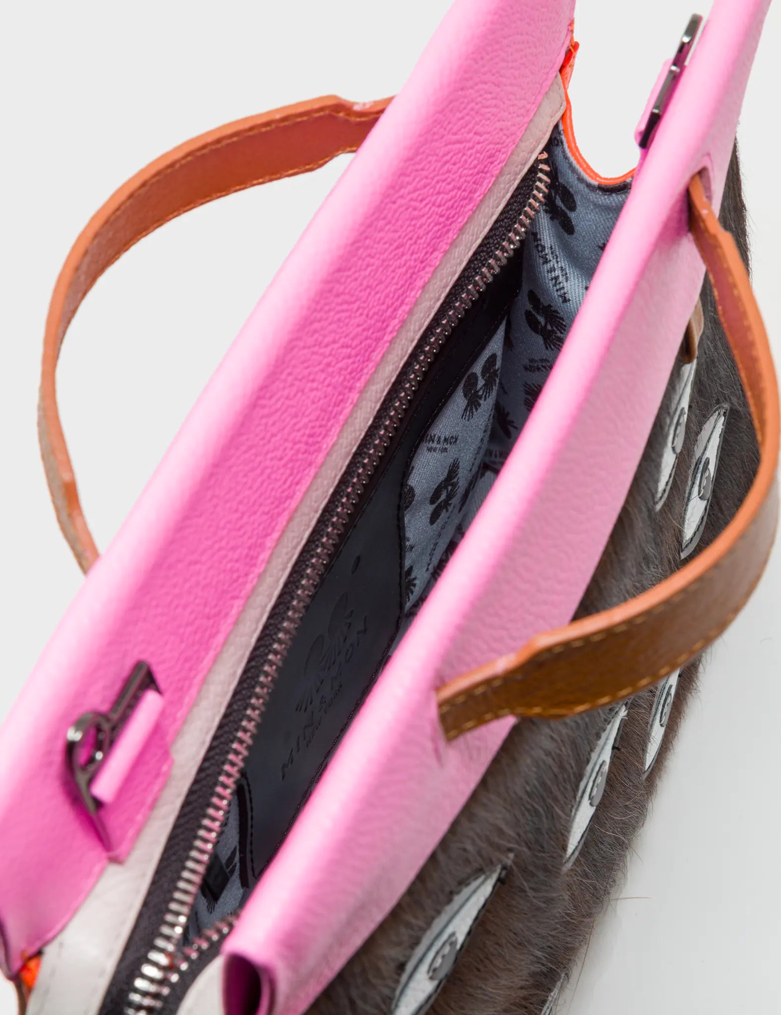Vali Crossbody Small Bubblegum Pink And Neon Orange Leather Bag - Eyes Applique Adjustable Handle - Open View