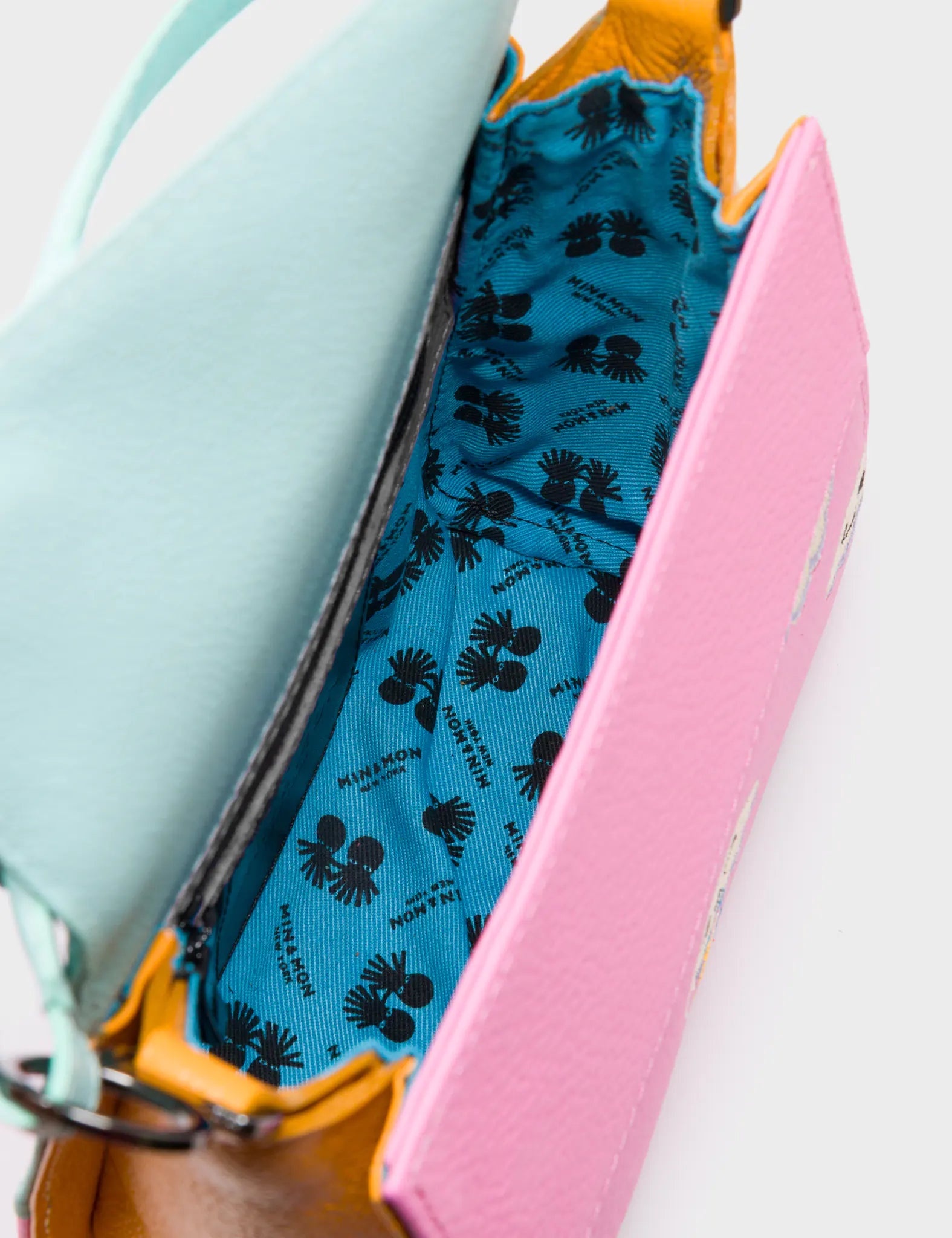 Anastasio Micro Crossbody Handbag Water Ballet Blue and Bubblegum Pink Leather - Happy Clouds Design - Inside View