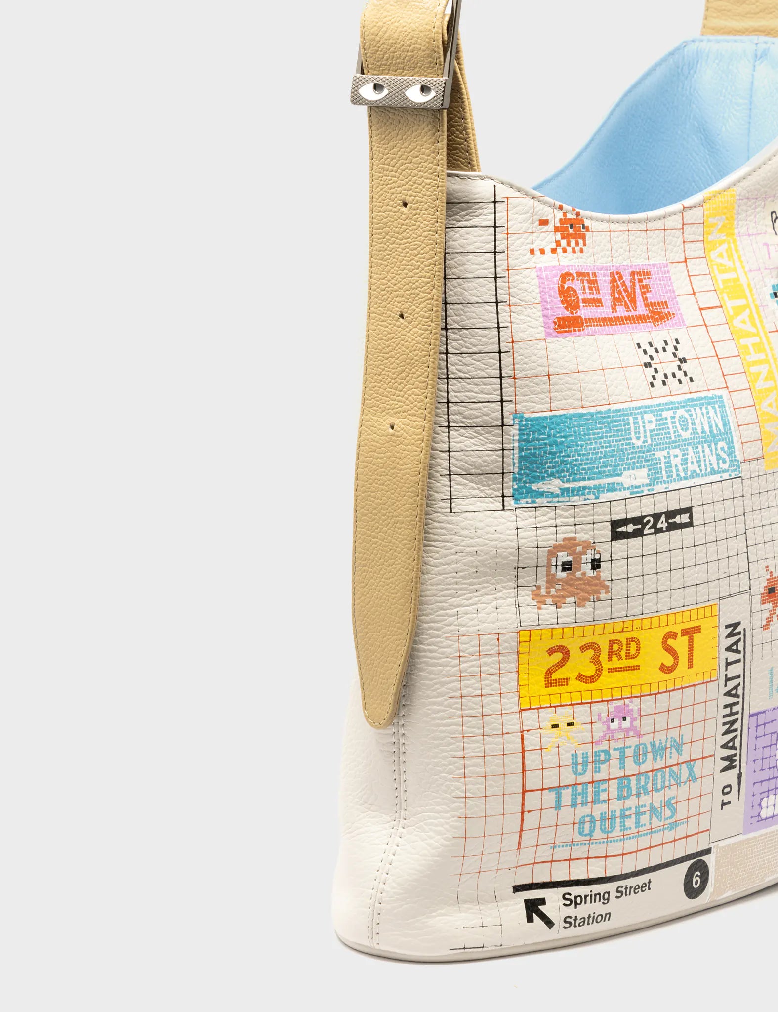 Vinyl Cream Bucket Bag - Subway Stories Print - Detail View