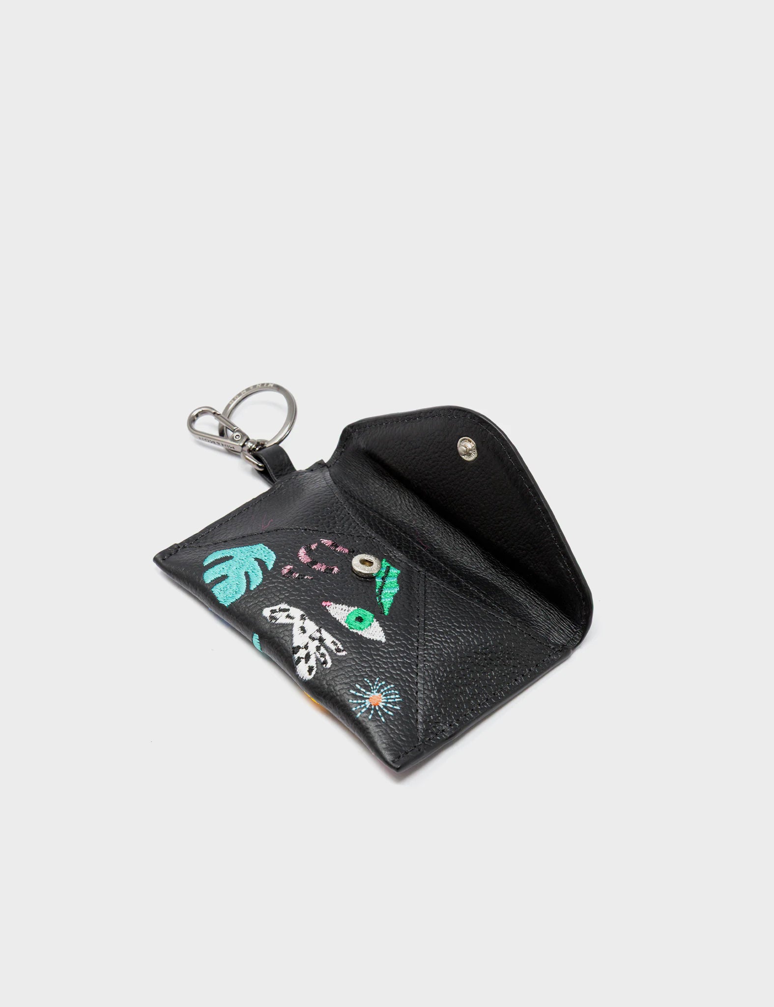 Fabian Black Leather Wallet - Autumn Blush Embroidery - Side Open