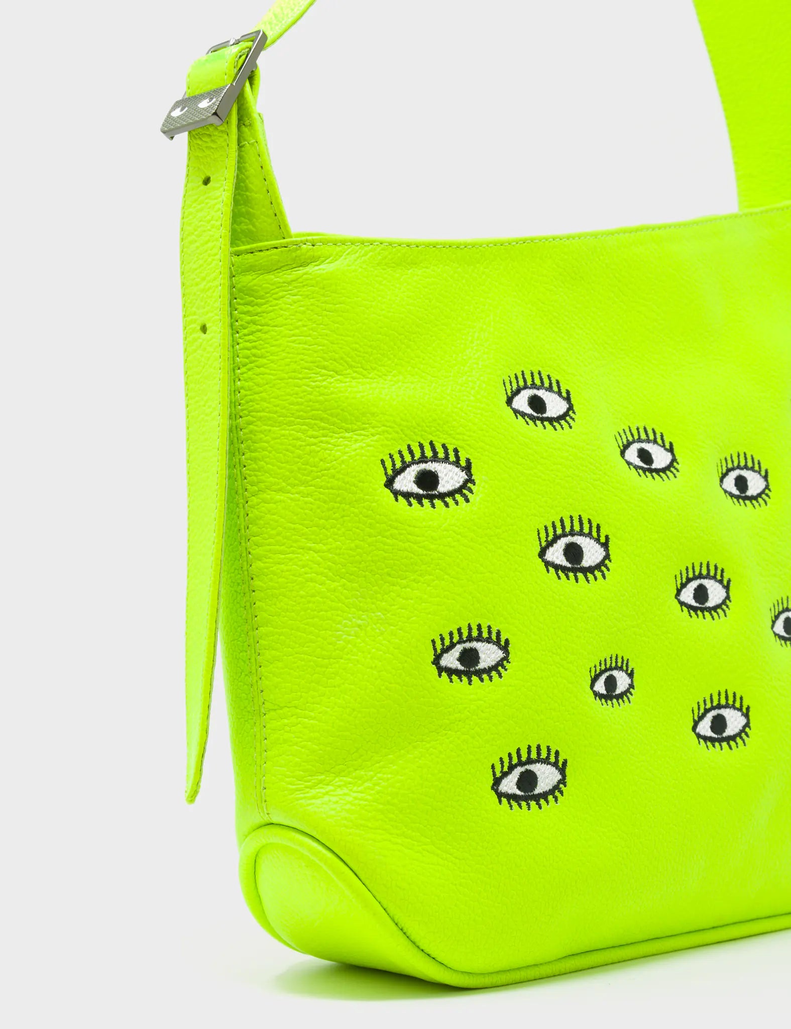 Bruno Hobo Handbag Neon Yellow Leather - All Over Eyes Embroidery - Side Corner View