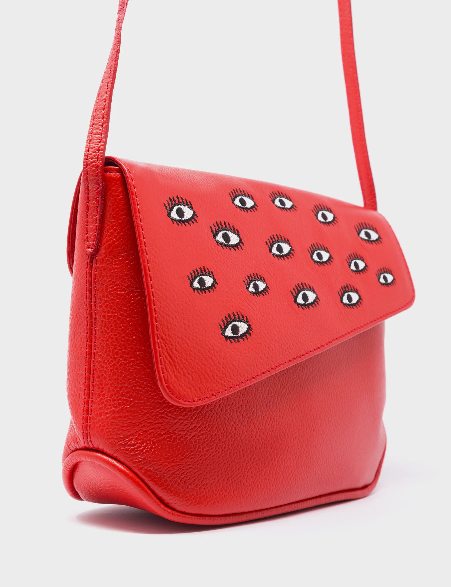 Bruno Mini Crossbody Red Leather Bag - All Over Eyes Embroidery - Side Corner View