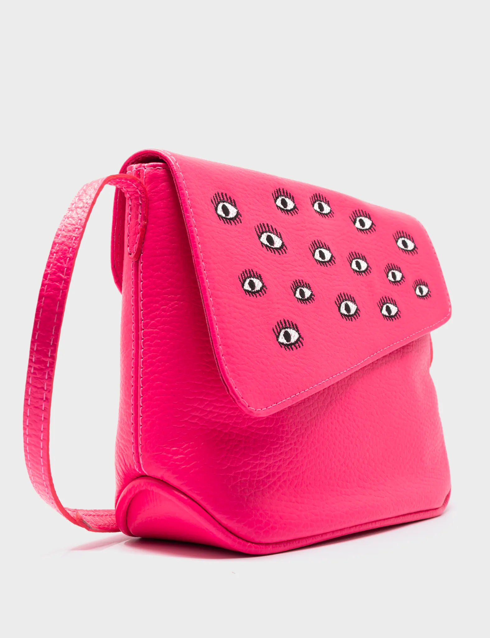 Bruno Mini Crossbody Neon Pink Leather Bag - All Over Eyes Embroidery - Side Corner View