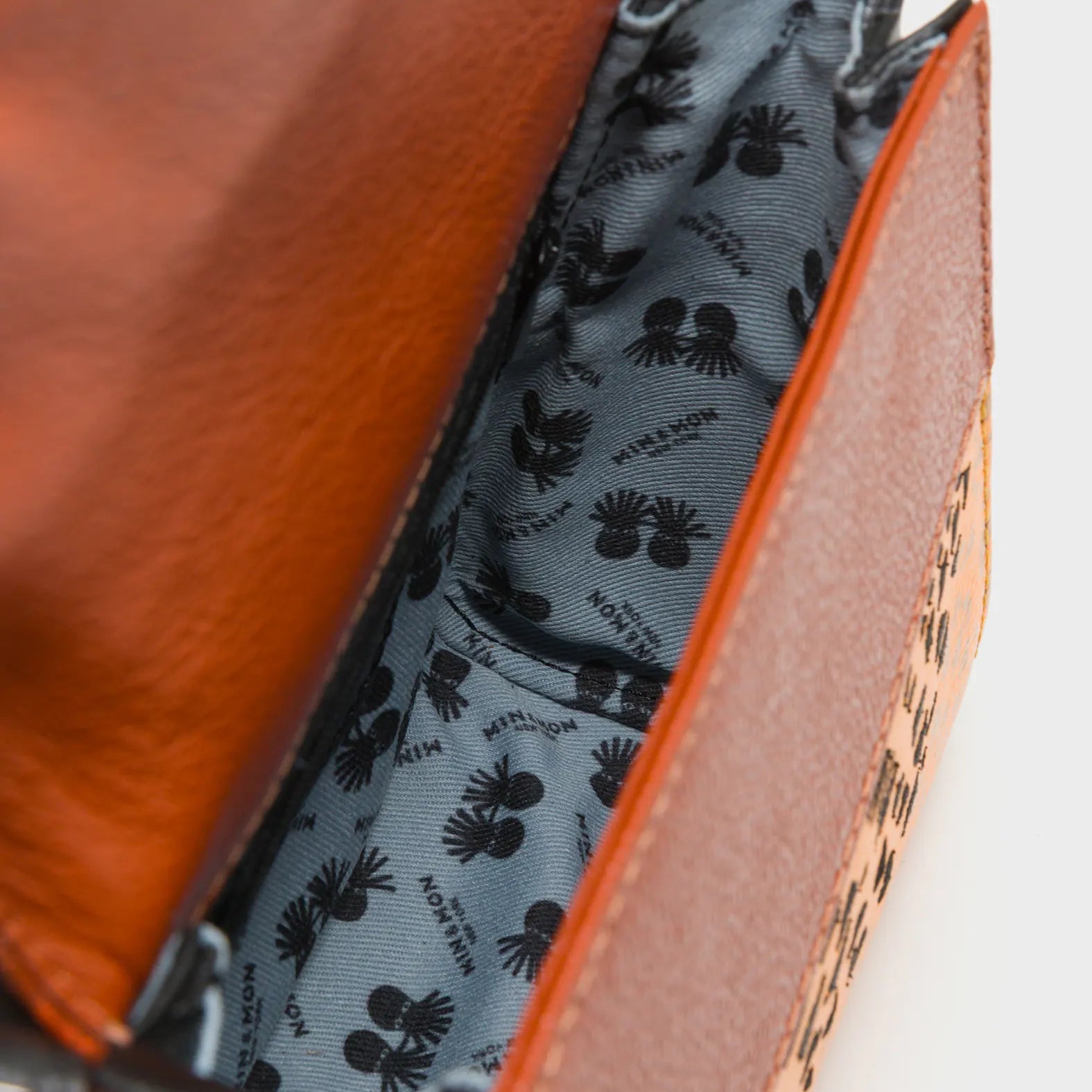 Anastasio Micro Crossbody Handbag Baked City Brown and Flamingo Orange Leather - Retro Tiger Design - Inside View