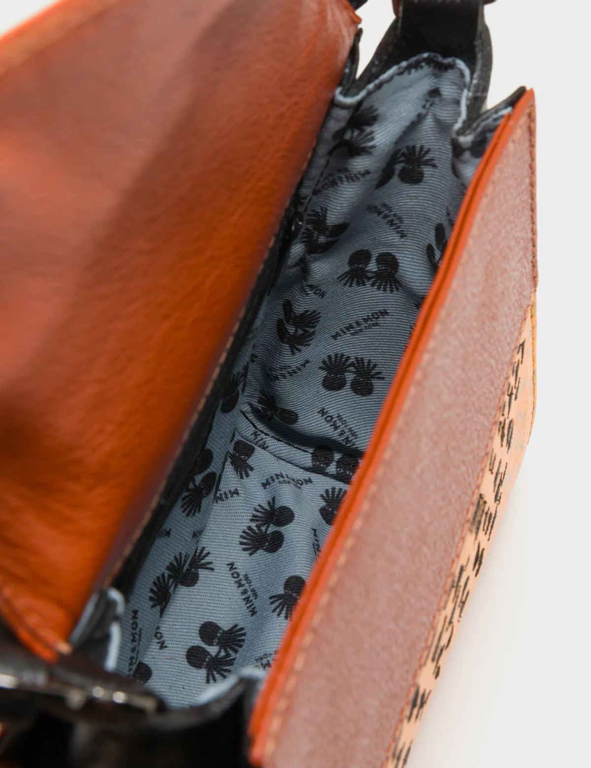 Anastasio Micro Crossbody Handbag Baked City Brown and Flamingo Orange Leather - Retro Tiger Design - Inside View