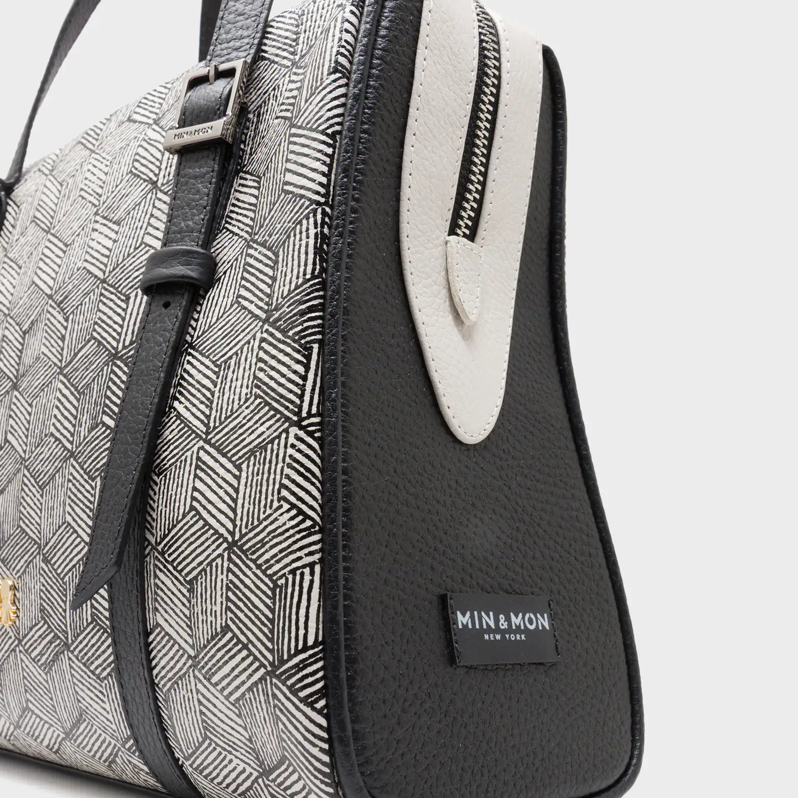 Esther Cream and Black Satchel Bag - Cubes Design - Side View