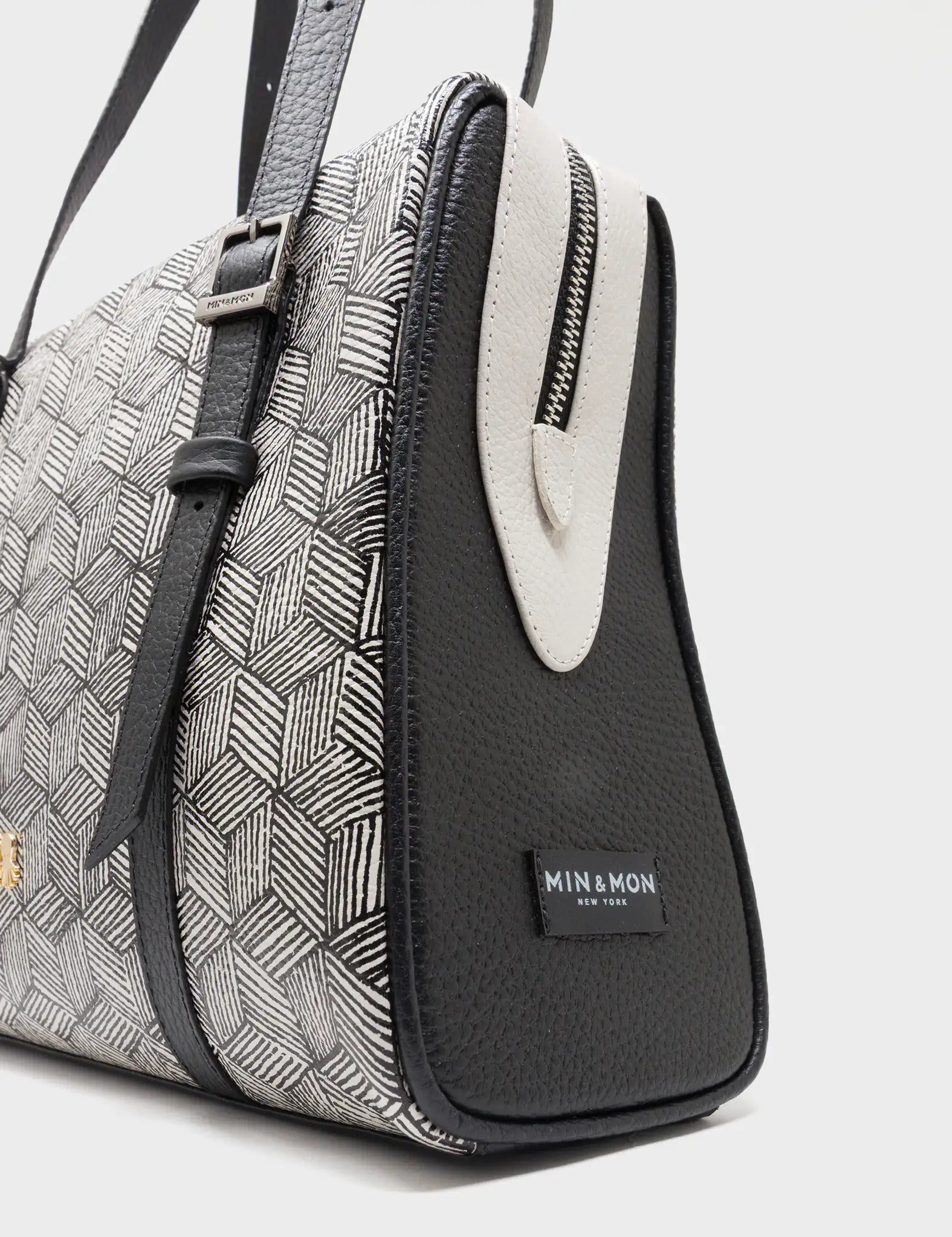 Esther Cream and Black Satchel Bag - Cubes Design - Side View