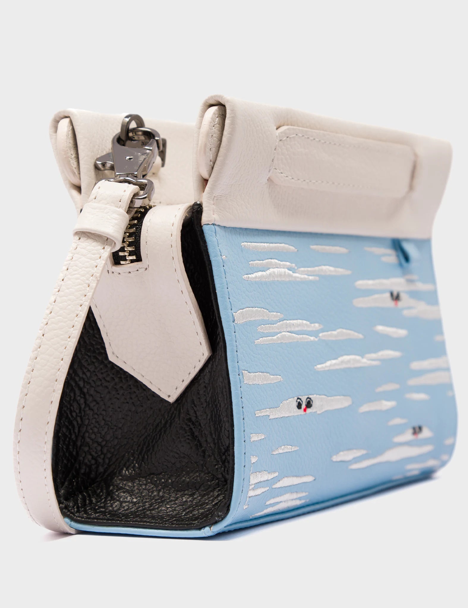 Crossbody Micro Blue Leather Bag - Clouds Embroidery - Side 
