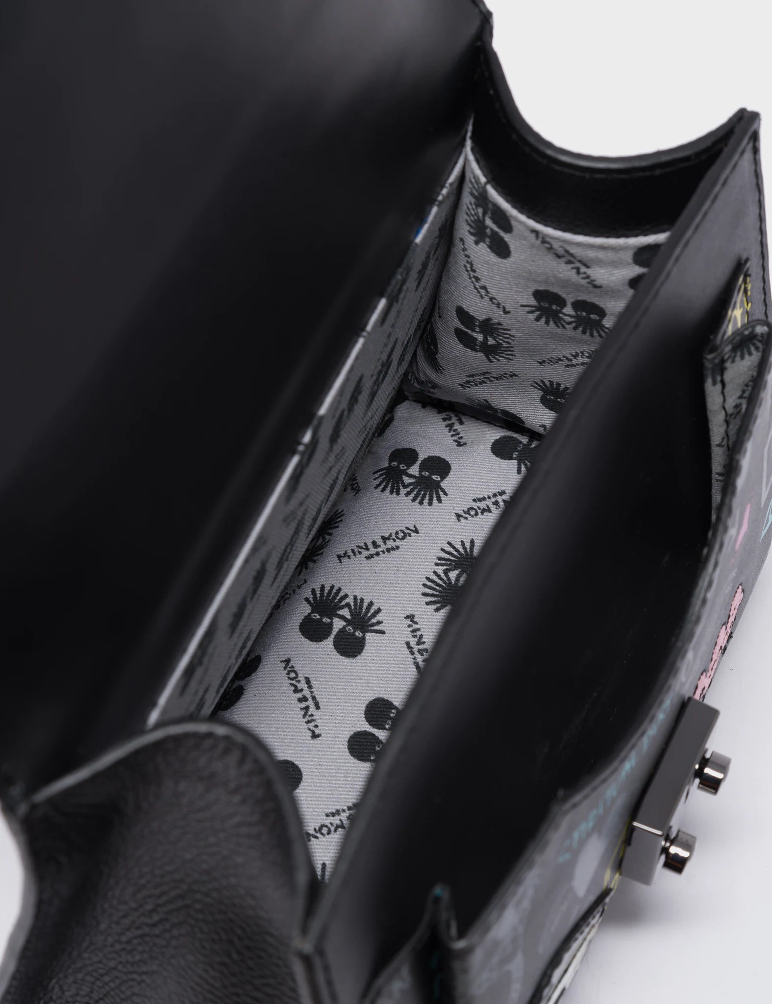 Silas Black Small Leather Crossbody Bag - Urban Doodles Design - Detail View