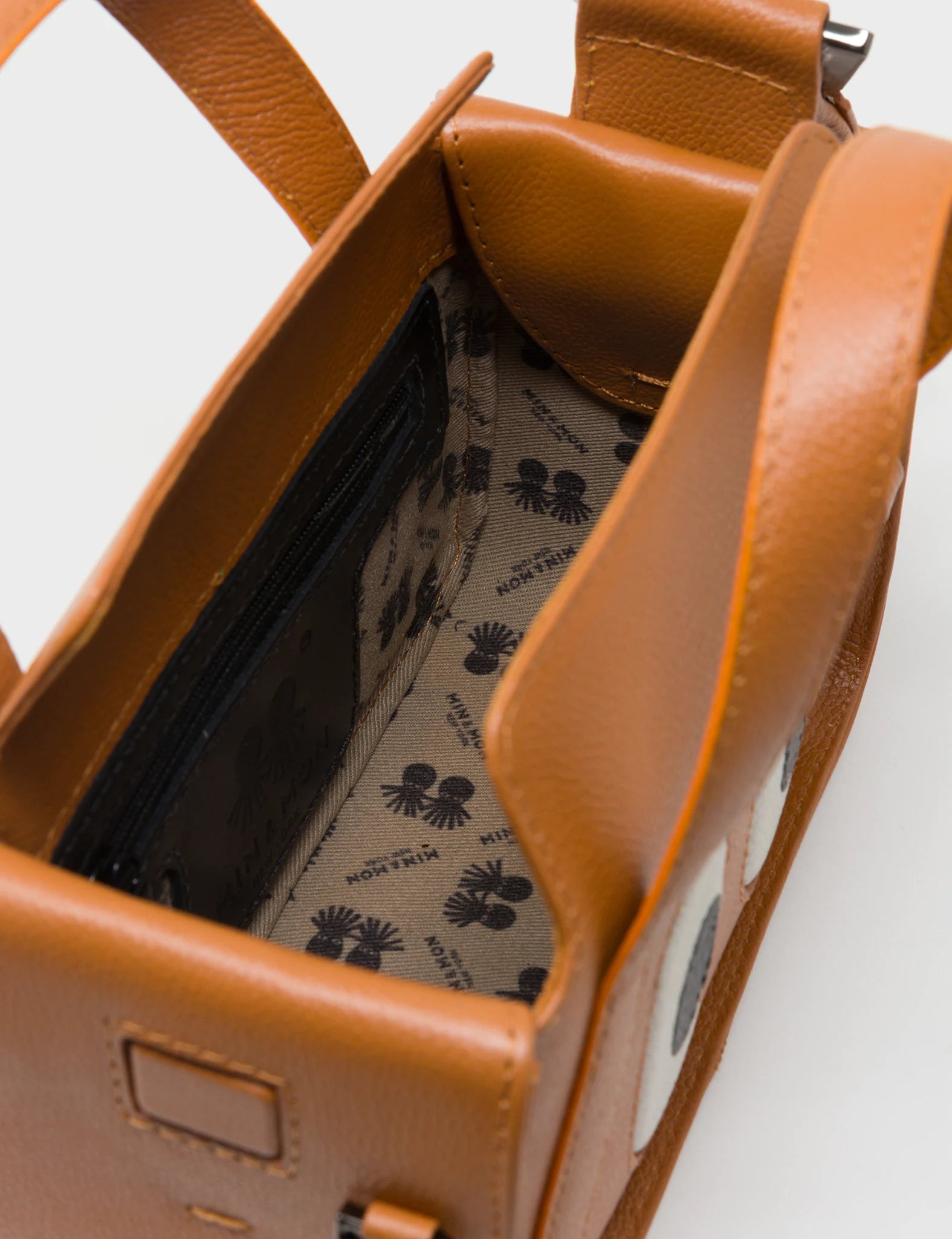 Benji Micro Crossbody Caramel Leather Bag - Eyes Engraved - Interior
