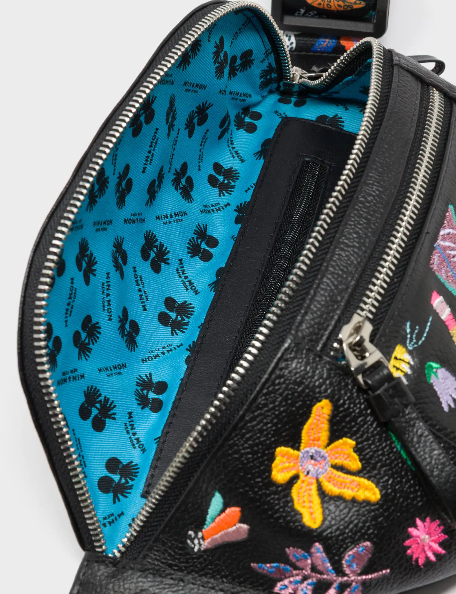 Harold Fanny Pack Black Leather - Autumn Blush Embroidery  - Interior View