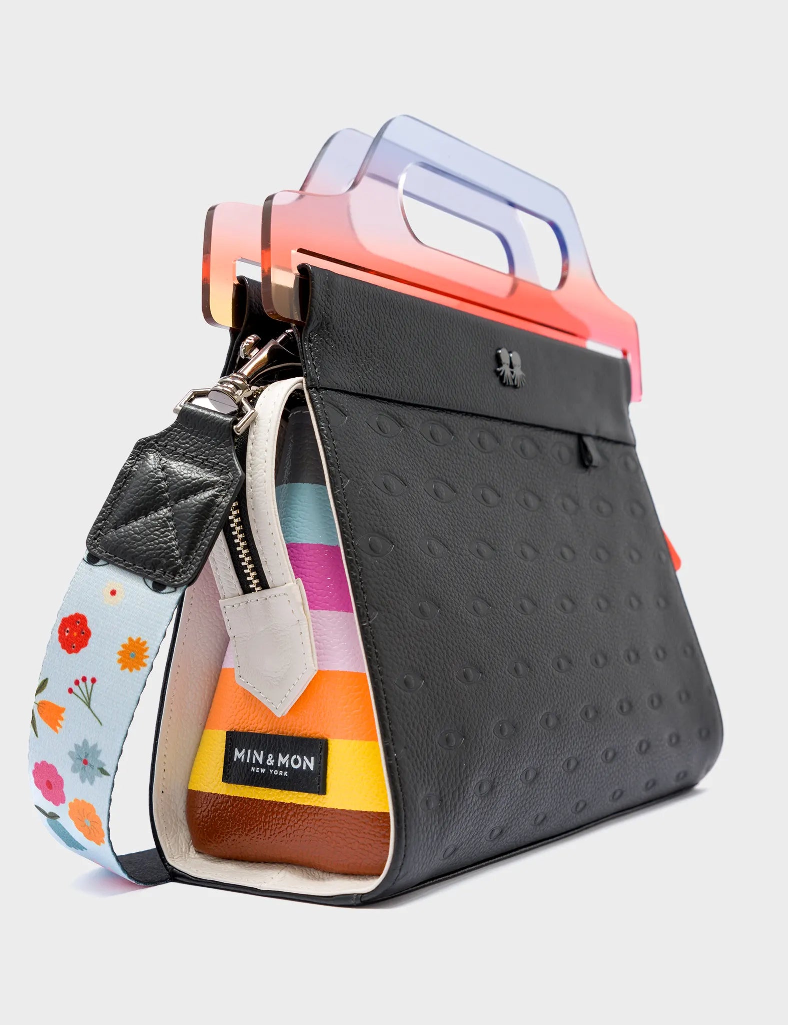 Black Leather Crossbody Handbag Plastic Handle - Groovy Rainbow Design - Side 