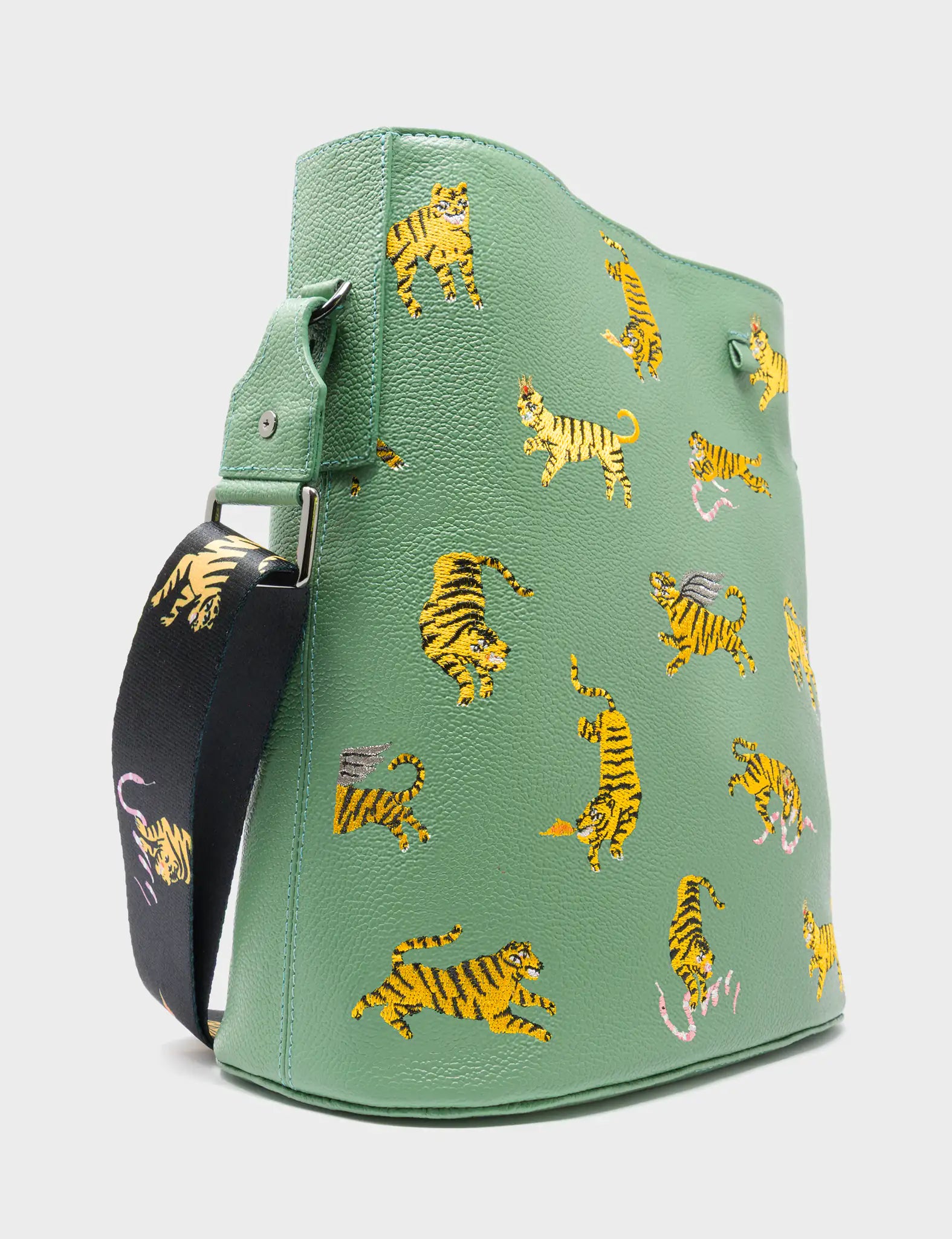 Vincent Basil Green Leather Shoulder Bag - Tigers Pattern - Side Corner View
