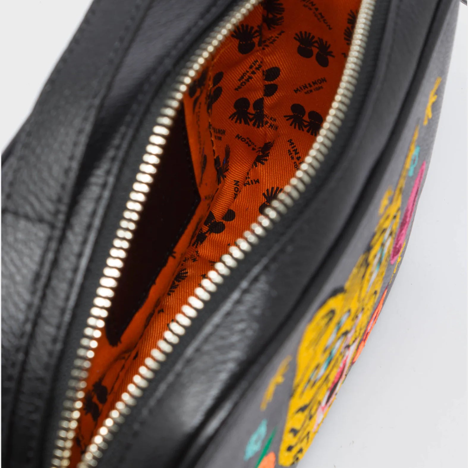 Verto Black Leather Crossbody Bag - Tiger and Flowers Embroidery - Detail View