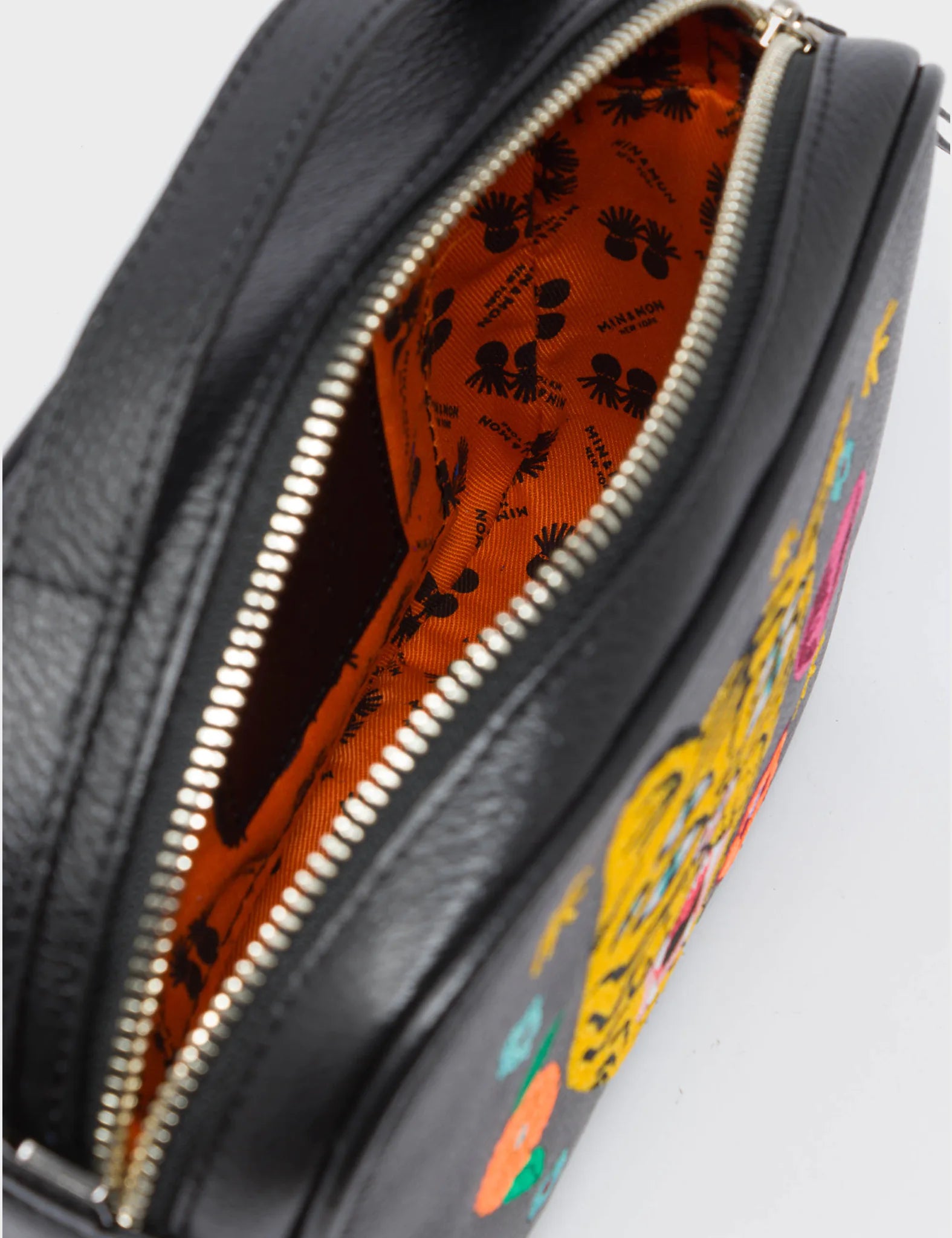 Verto Black Leather Crossbody Bag - Tiger and Flowers Embroidery - Detail View