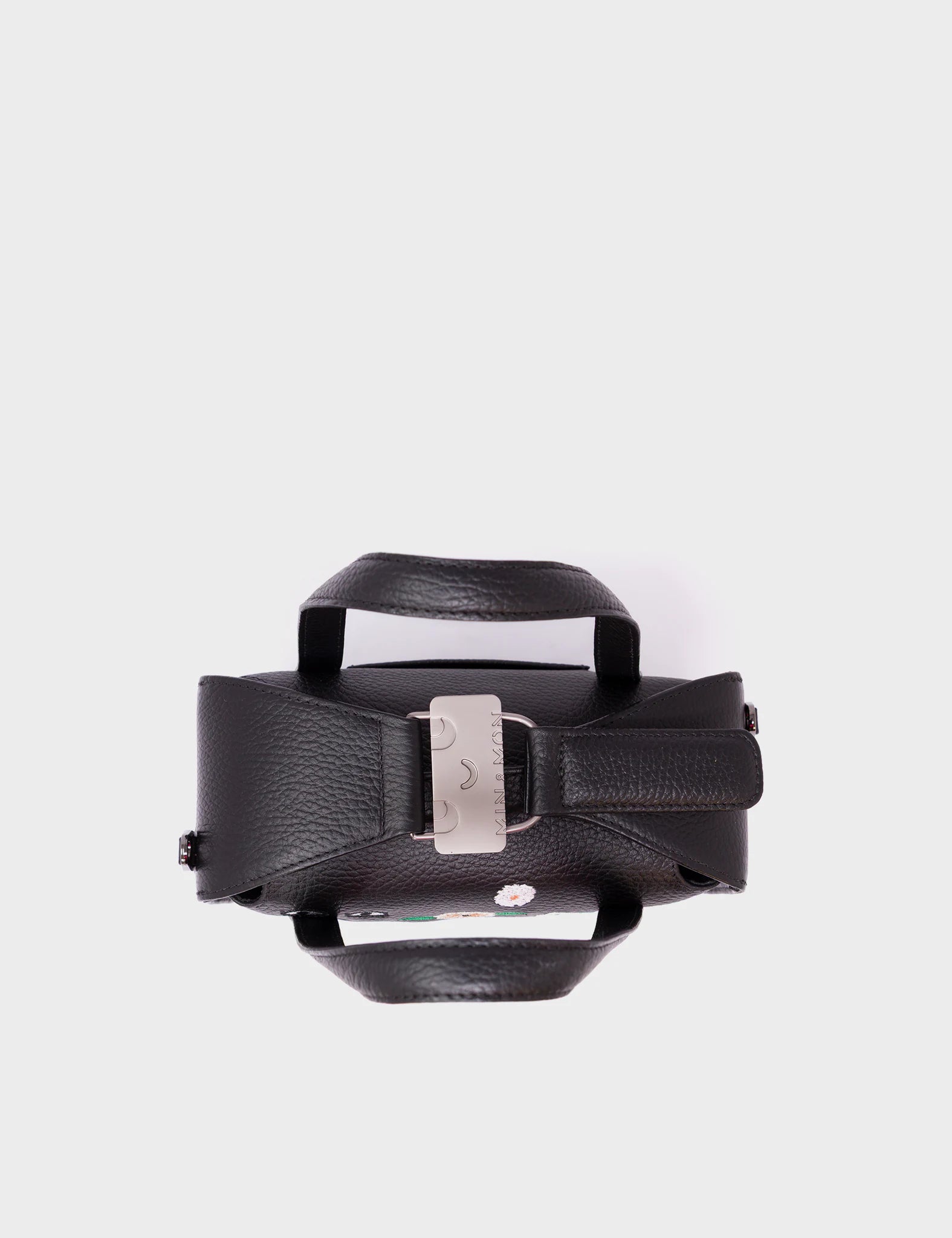 Benji Small Crossbody Black Leather Bag -  Floralia Embroidery - Top View