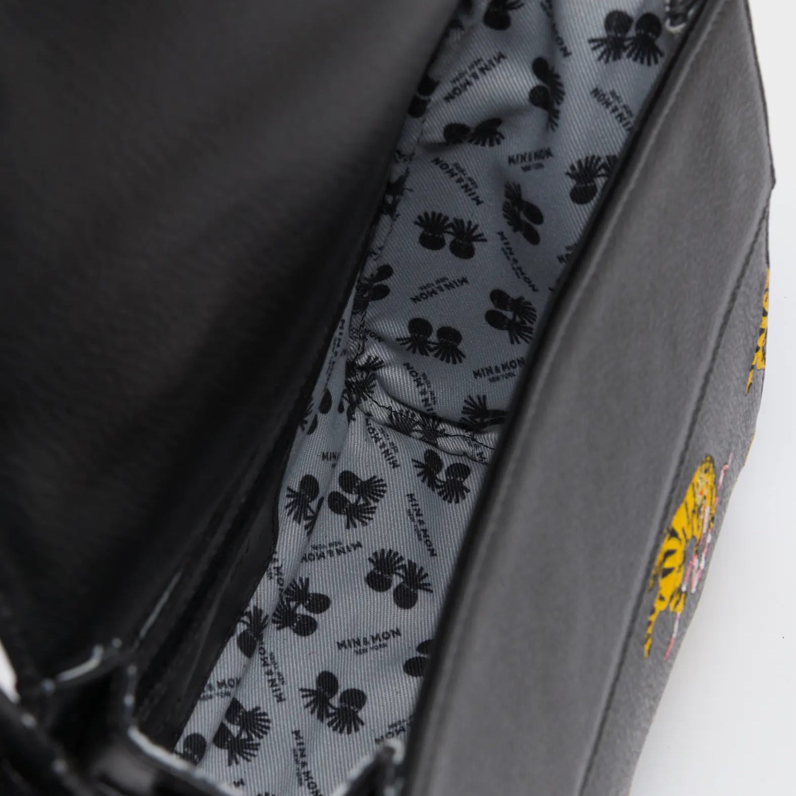 Anastasio Mini Crossbody Handbag Black Leather - Tigers Pattern - Open