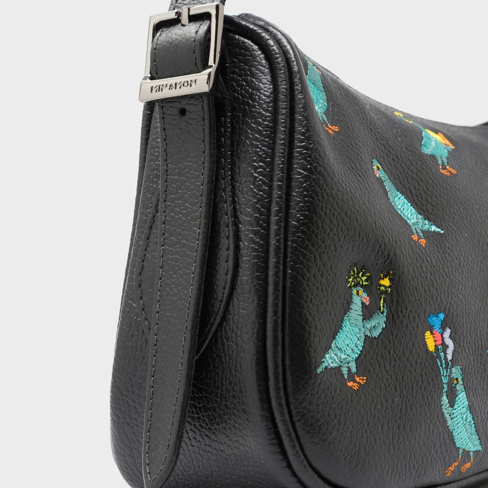 Lucas Hobo Mini Black Handbag - Pigeonista Embroidery - Detail View