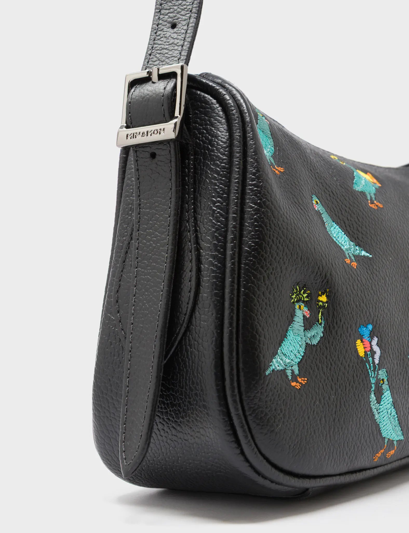 Lucas Hobo Mini Black Handbag - Pigeonista Embroidery - Detail View