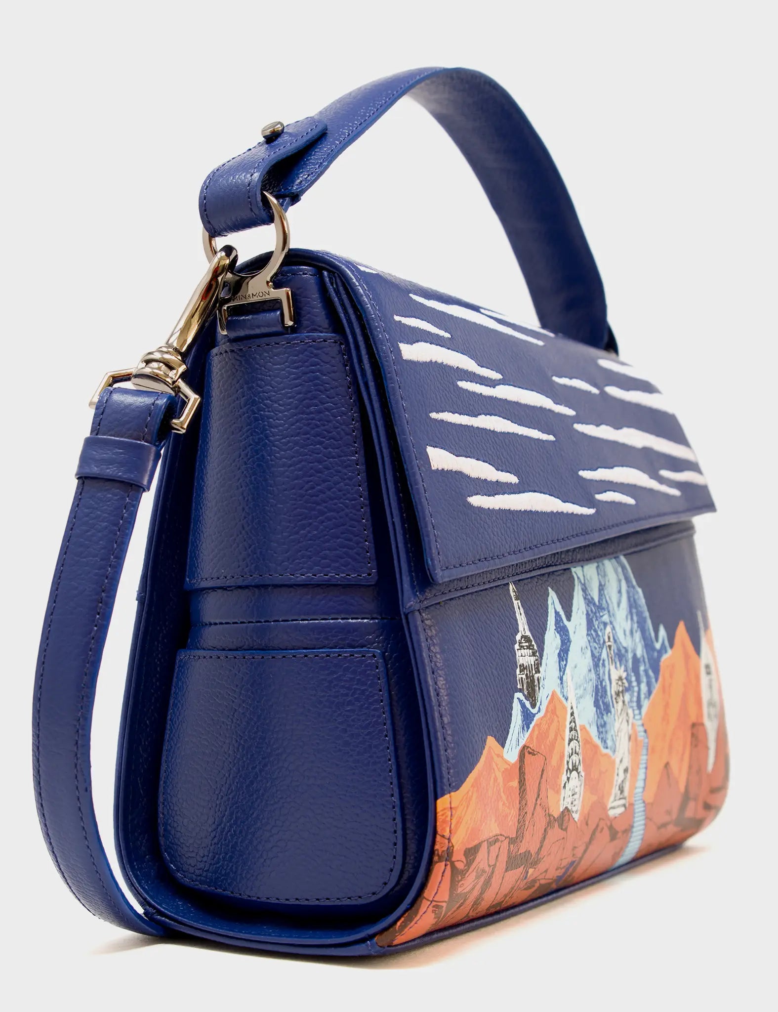 Mini Crossbody Handbag Royal Blue Leather - Clouds Embroidery - Side