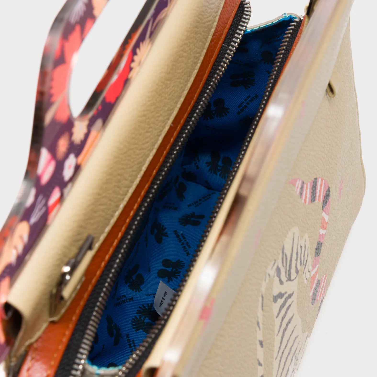 Vali Taupe Leather Crossbody Handbag Plastic Handle - Creatures of the Future Print - inside