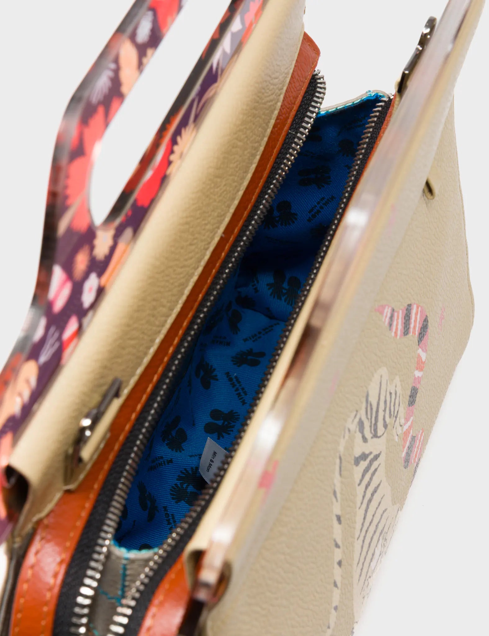 Vali Taupe Leather Crossbody Handbag Plastic Handle - Creatures of the Future Print - inside