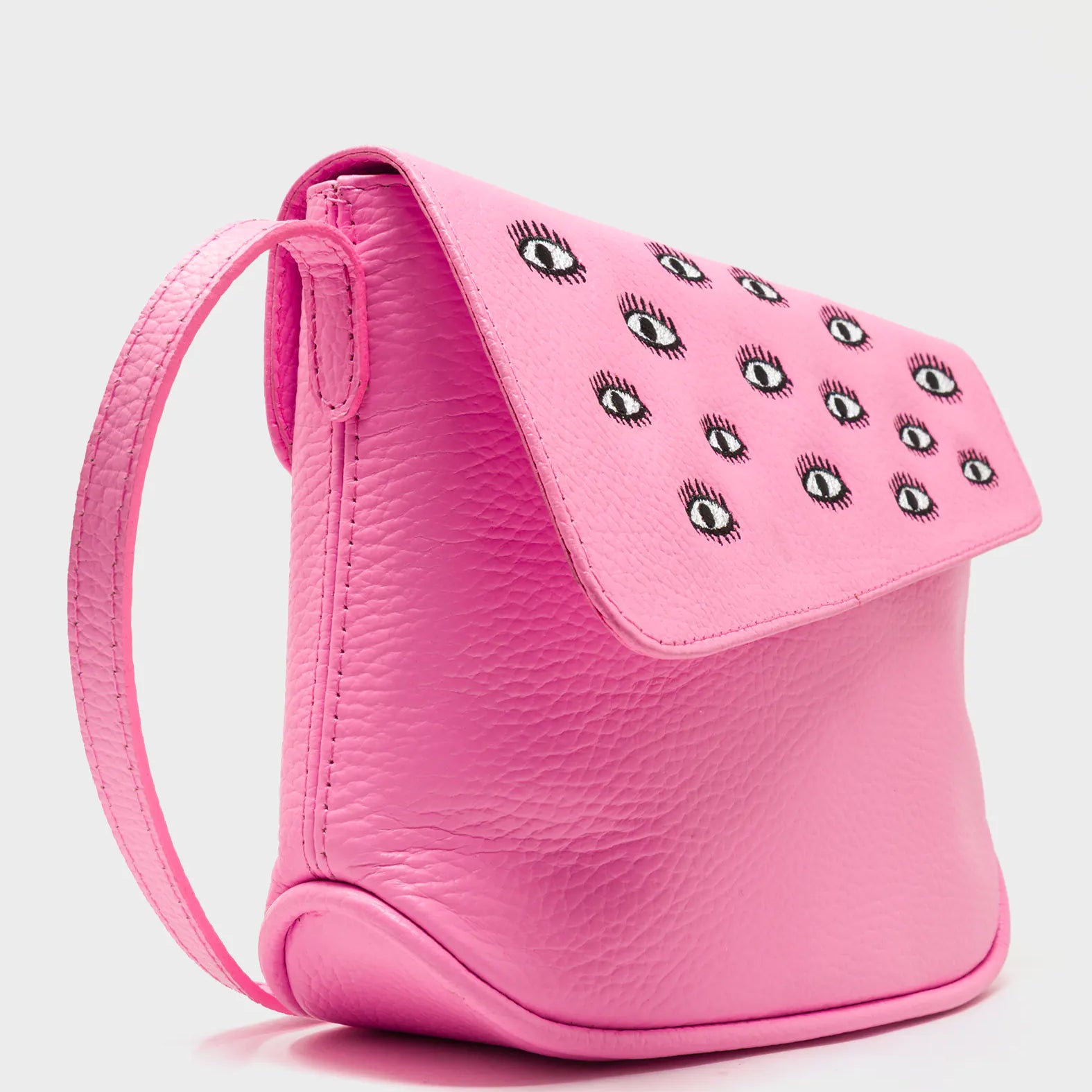 Bruno Mini Crossbody Bubblegum Pink Leather Bag - All Over Eyes Embroidery - Side View