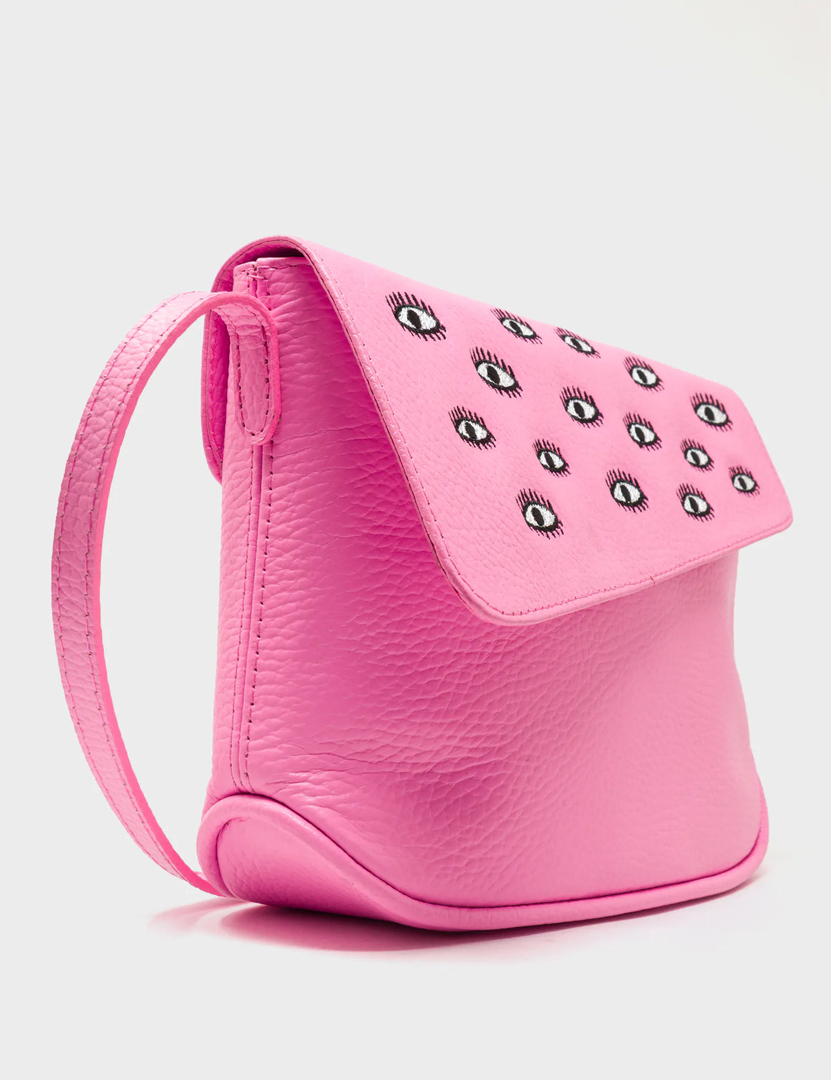 Bruno Mini Crossbody Bubblegum Pink Leather Bag - All Over Eyes Embroidery - Side View